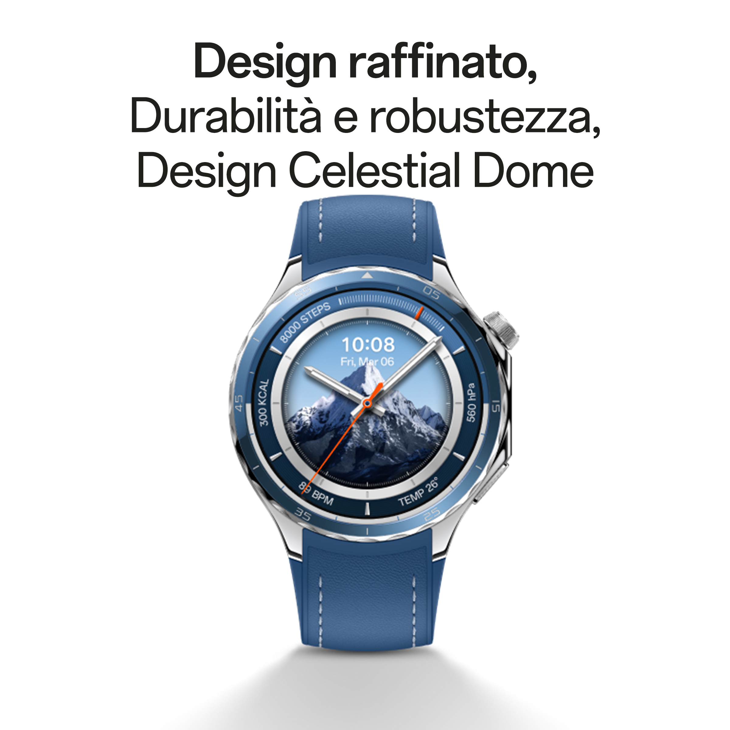 Smartwatch con correa azul, escena de montaña en la pantalla, fondo blanco, superposición de texto.