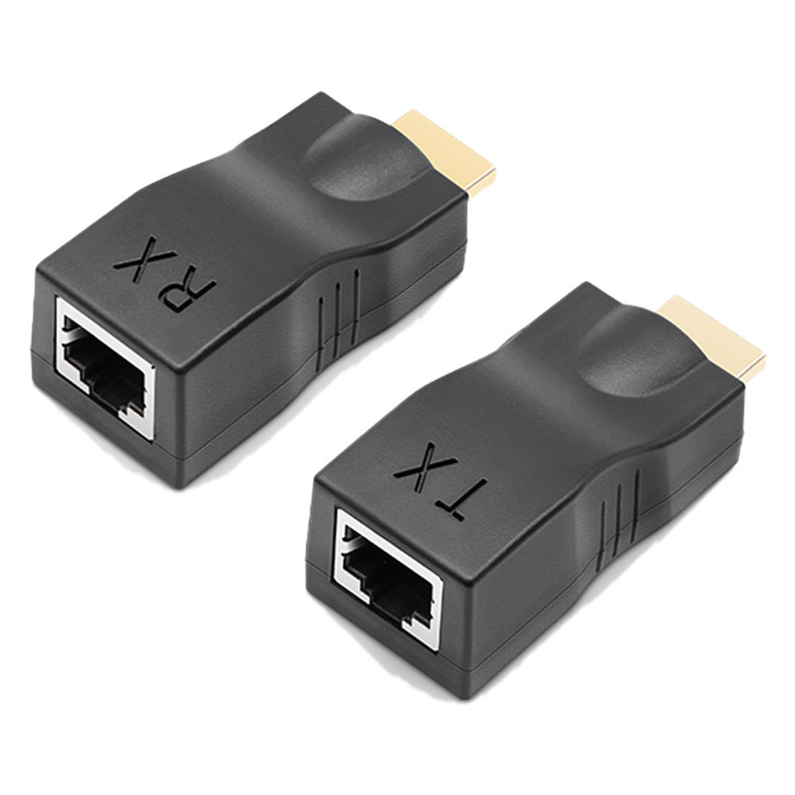 Zwei schwarze HDMI-auf-RJ45-Adapter, mit sichtbaren HDMI- und RJ45-Anschlüssen, vor weißem Hintergrund.