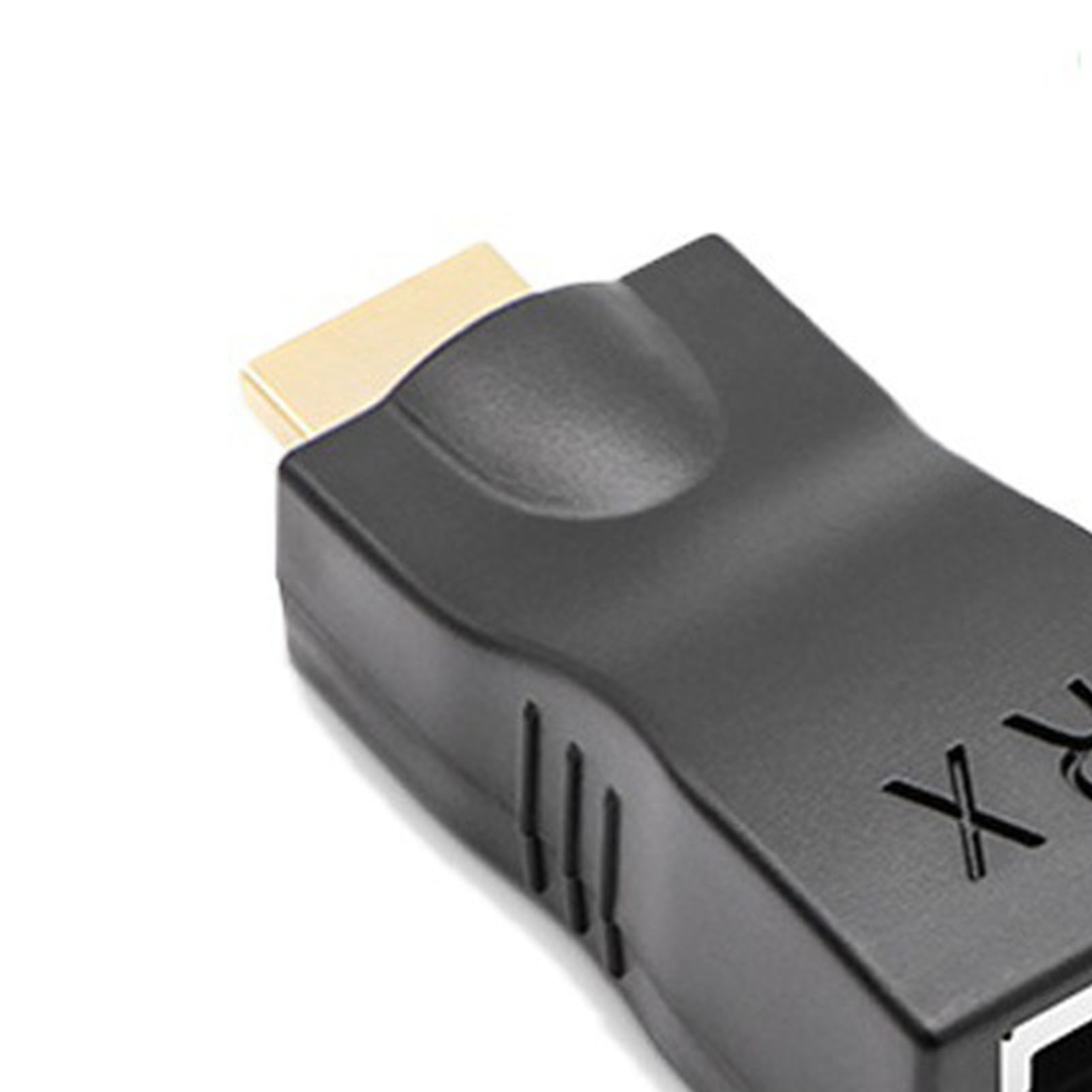 Schwarzer HDMI-zu-RJ45-Adapter, Goldstecker, weißer Hintergrund.