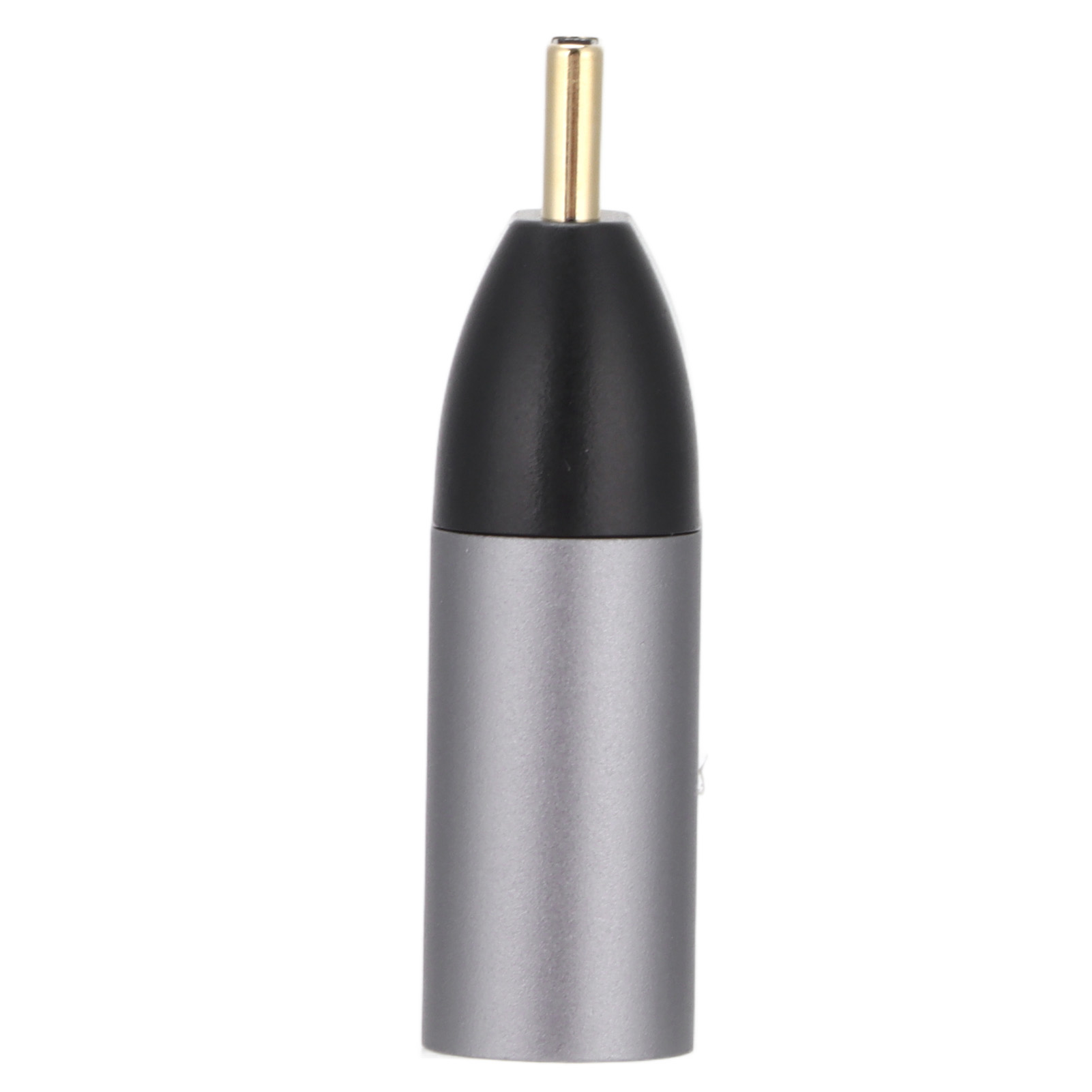 Grauer Adapter mit goldfarbenem Stift und schwarzem Oberteil.