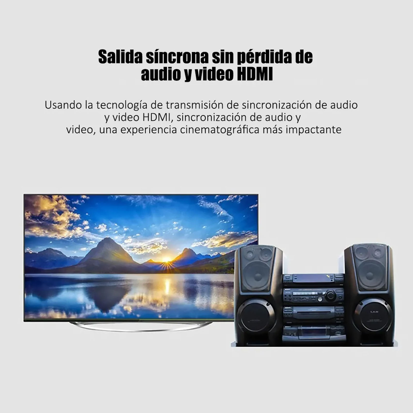 TV-Bildschirm, Lautsprecher und Stereoanlage. Text: HDMI Audio- und Videosynchronisation.