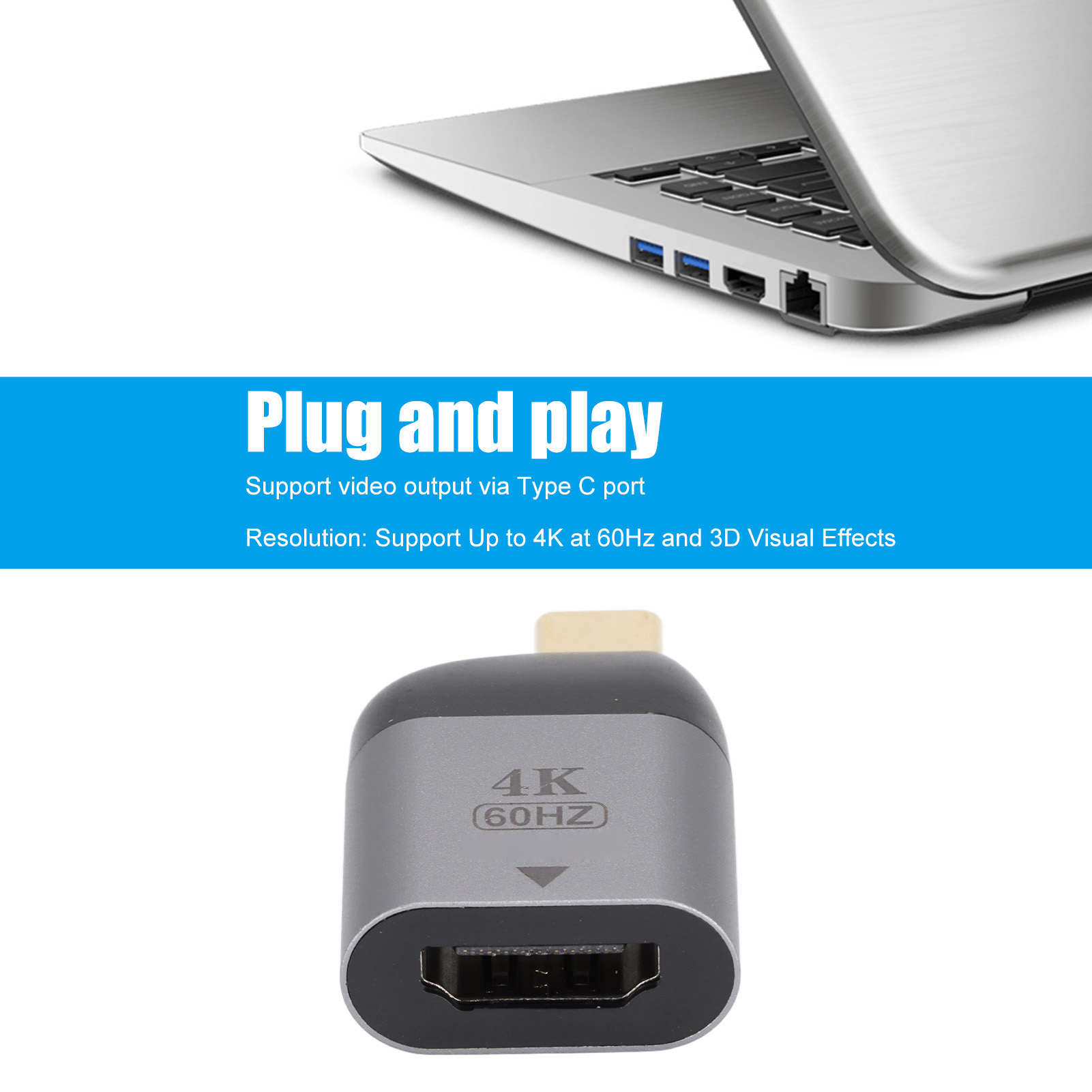 Silber-schwarzer Adapter am Laptop. Text: Plug and Play, unterstützt 4K bei 60Hz.