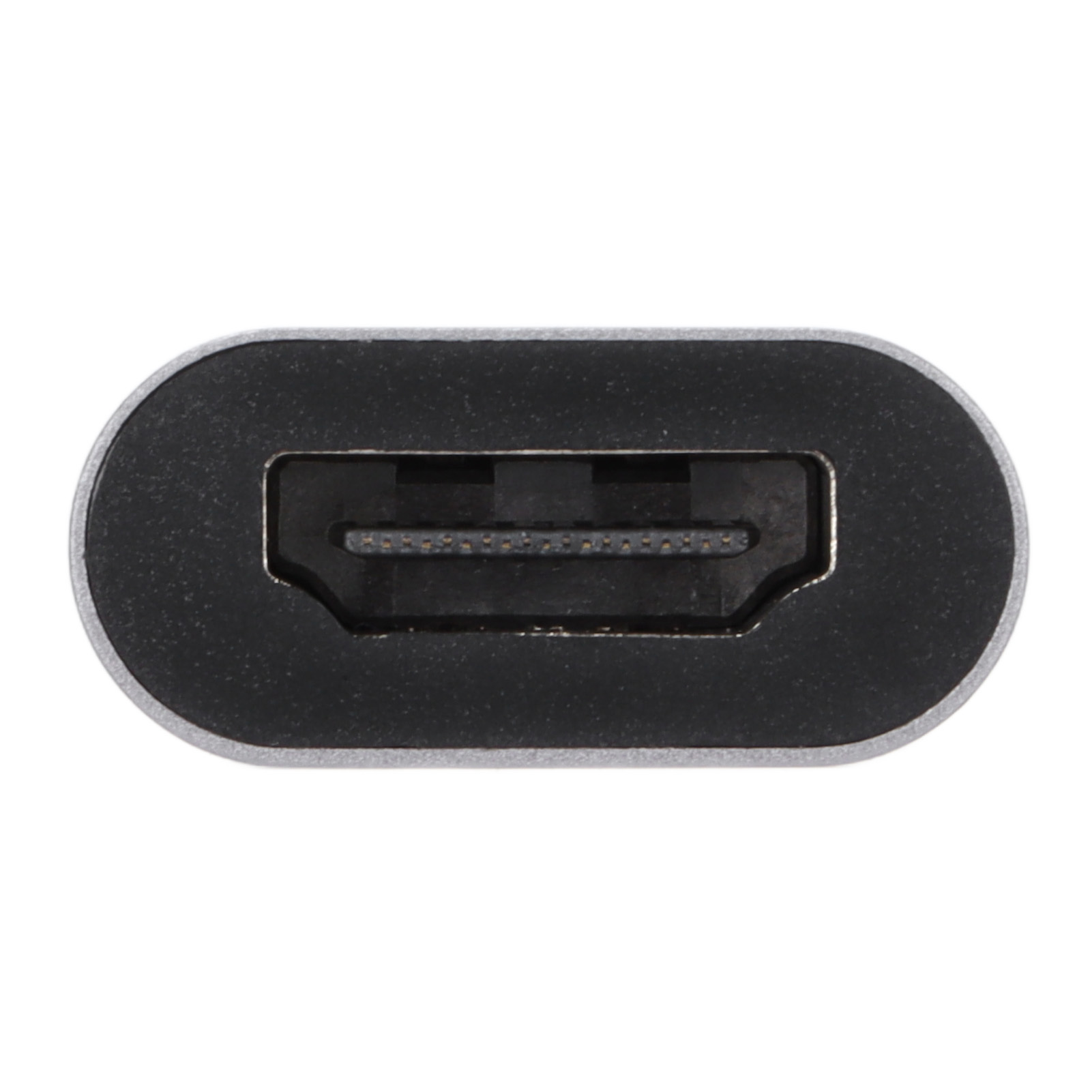 Nahaufnahme eines HDMI-Anschlusses an einem Adapter. Grauer Rahmen, schwarz innen.