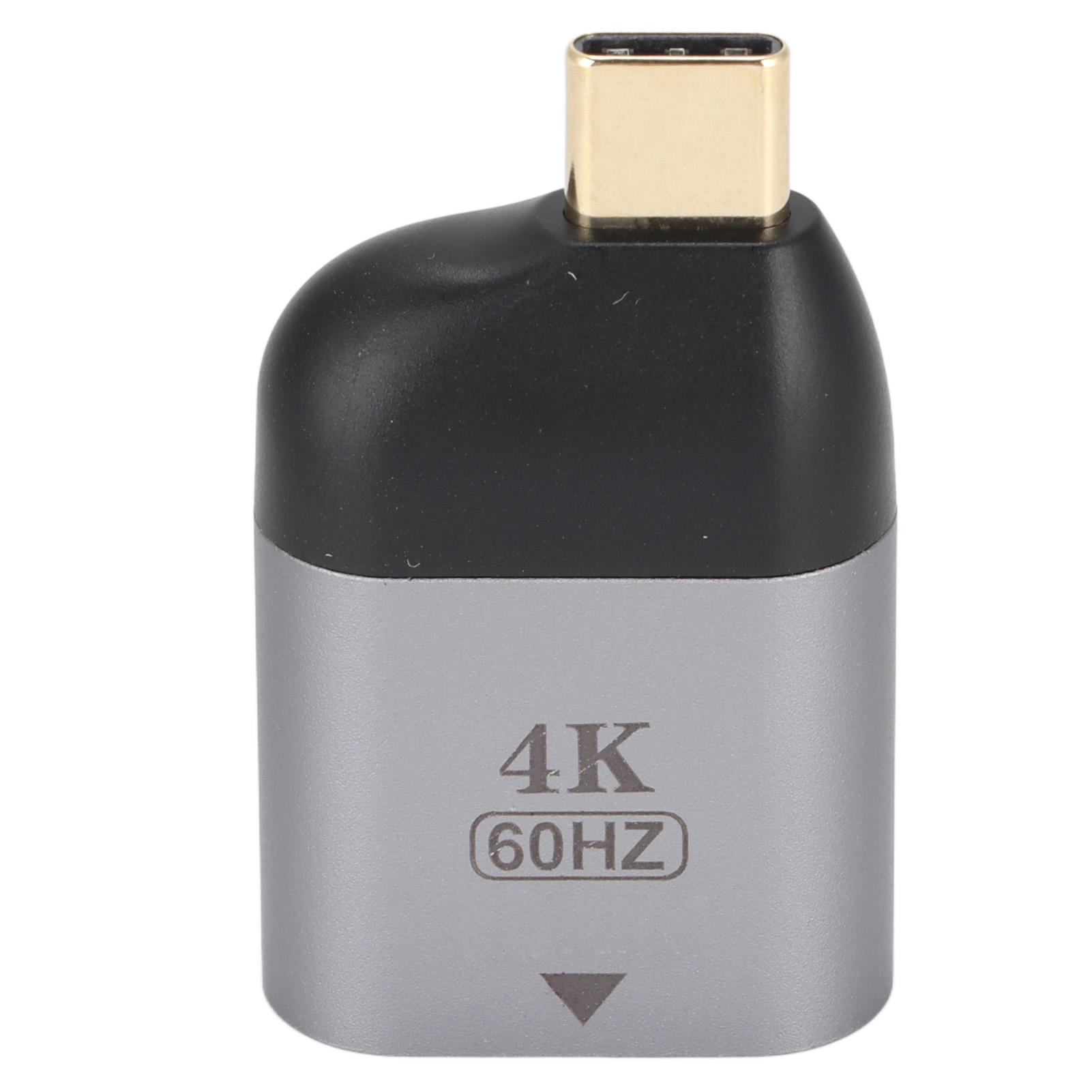 Ein silber-schwarzer USB-C-zu-HDMI-Adapter. Er liest 4K 60Hz. Ein Abwärtspfeil wird angezeigt.