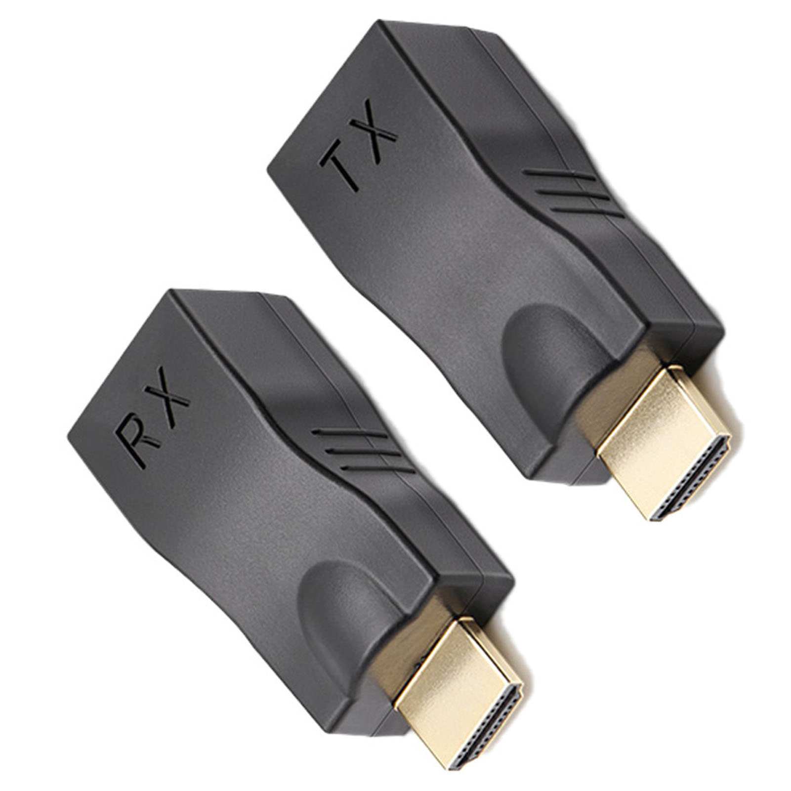 Zwei schwarze HDMI-Adapter. Einer liest TX, der andere RX. Goldene Anschlussstifte sind sichtbar.