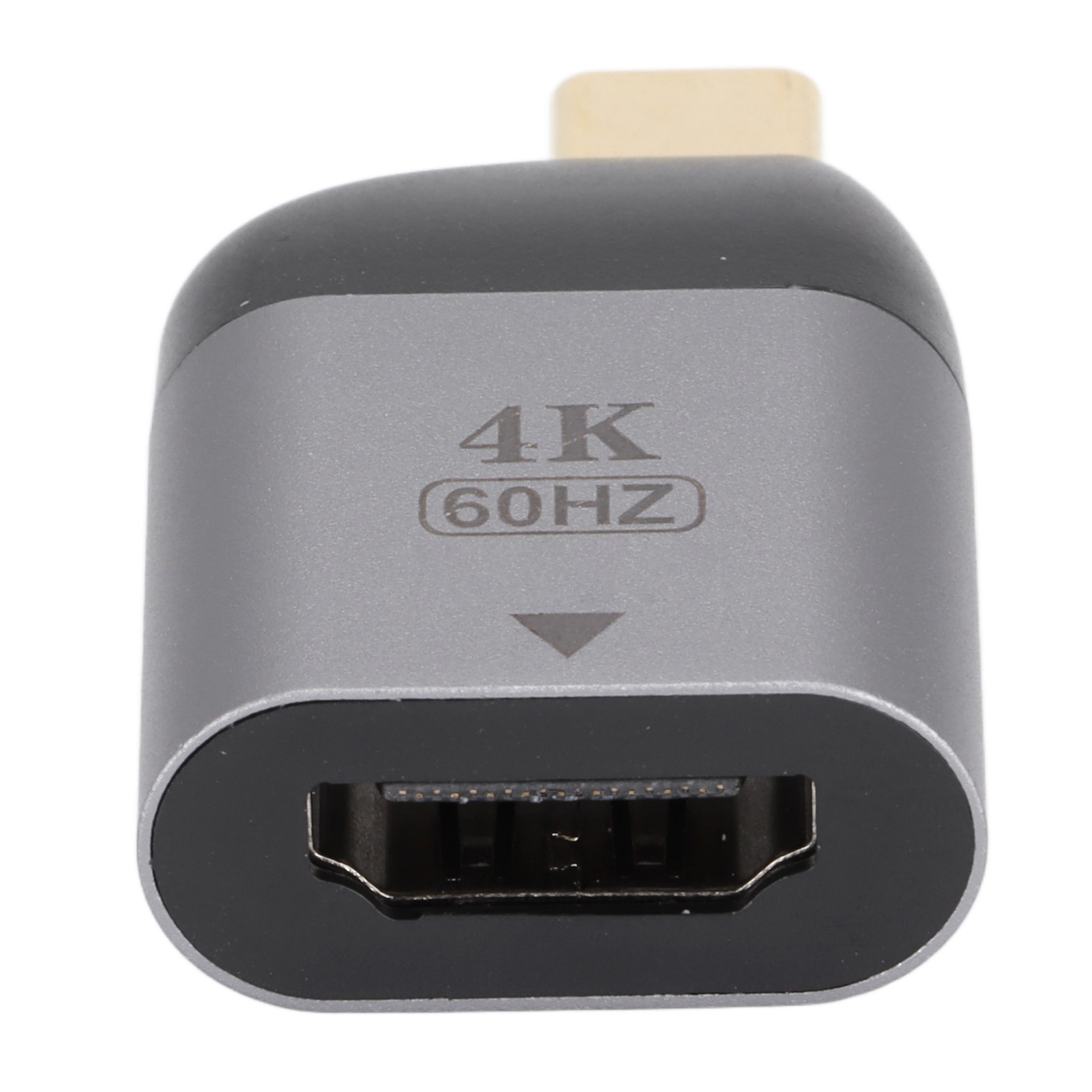 Ein silber-schwarzer Adapter mit 4K 60Hz. Ein Abwärtspfeil wird angezeigt. HDMI-Anschluss.