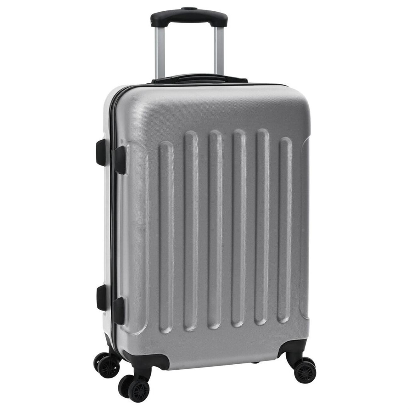 Ein grauer Koffer mit Rädern. Er steht aufrecht mit hochgezogenem Griff. Der Koffer hat ein gerilltes Design.