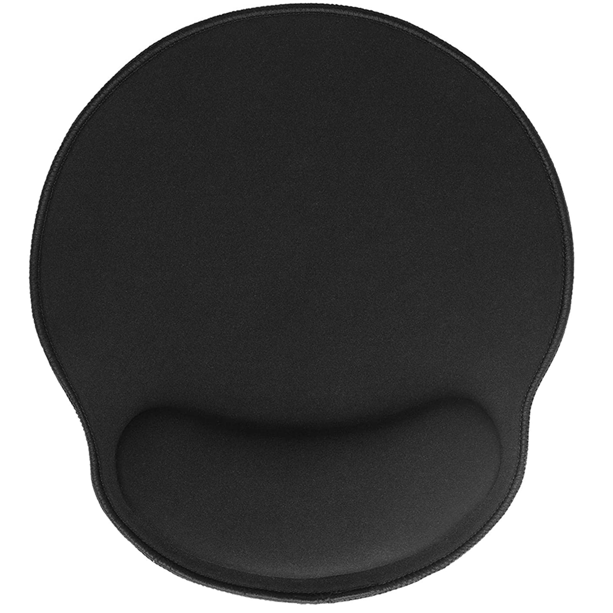 Schwarzes, rundes Mauspad mit Handgelenkauflage. Pad liegt auf weißer Oberfläche.