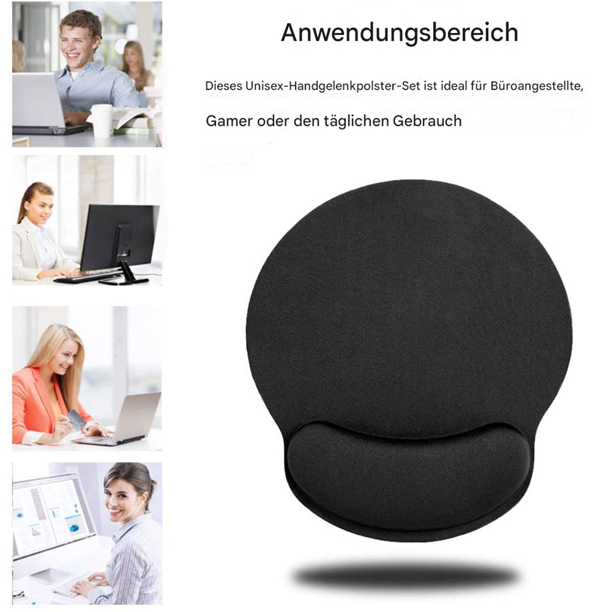 Ein schwarzes Mauspad mit Handgelenkauflage. Personen in Büroumgebungen benutzen Computer. Text sagt Handgelenkpolster-Set.