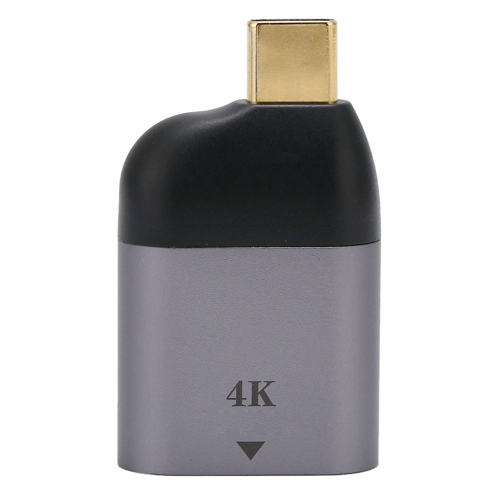 Grauer und schwarzer 4K HDMI-Adapter. Goldener Stecker am Ende. Weißer Hintergrund.