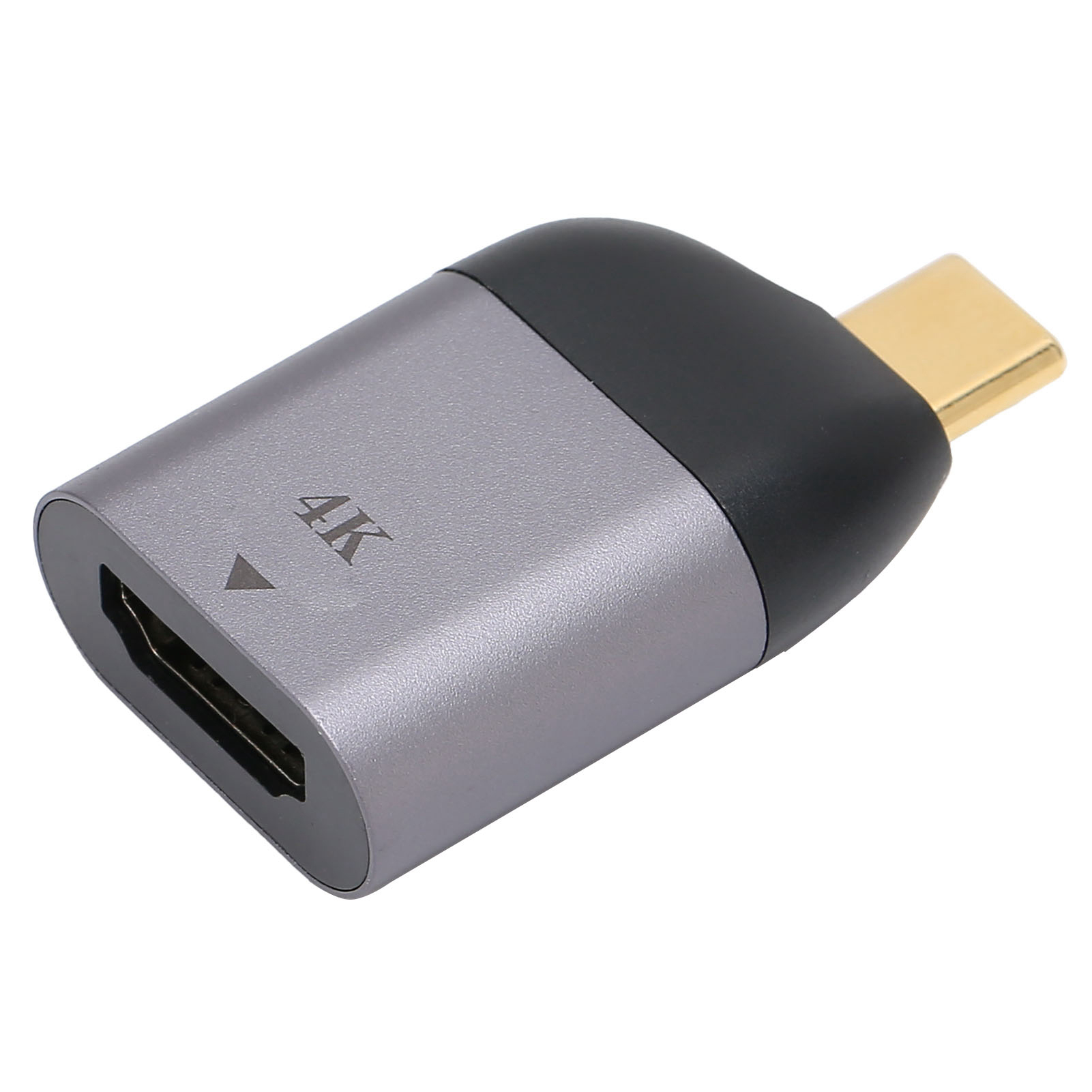 Grauer und schwarzer 4K HDMI-Adapter. Goldener Stecker am Ende. Weißer Hintergrund.