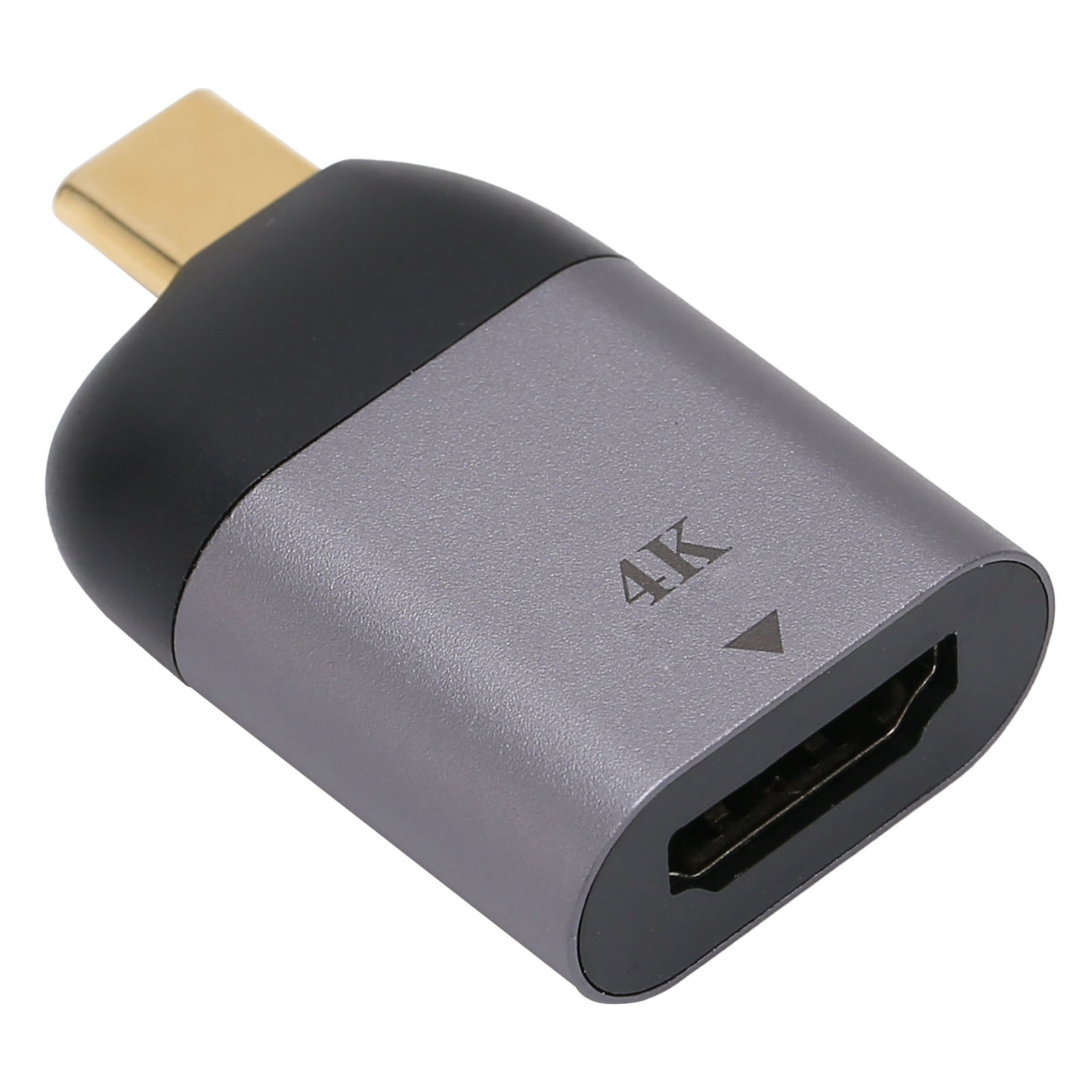 Ein silberner und schwarzer 4K-HDMI-Adapter mit einem USB-C-Anschluss oben und einem HDMI-Anschluss unten.