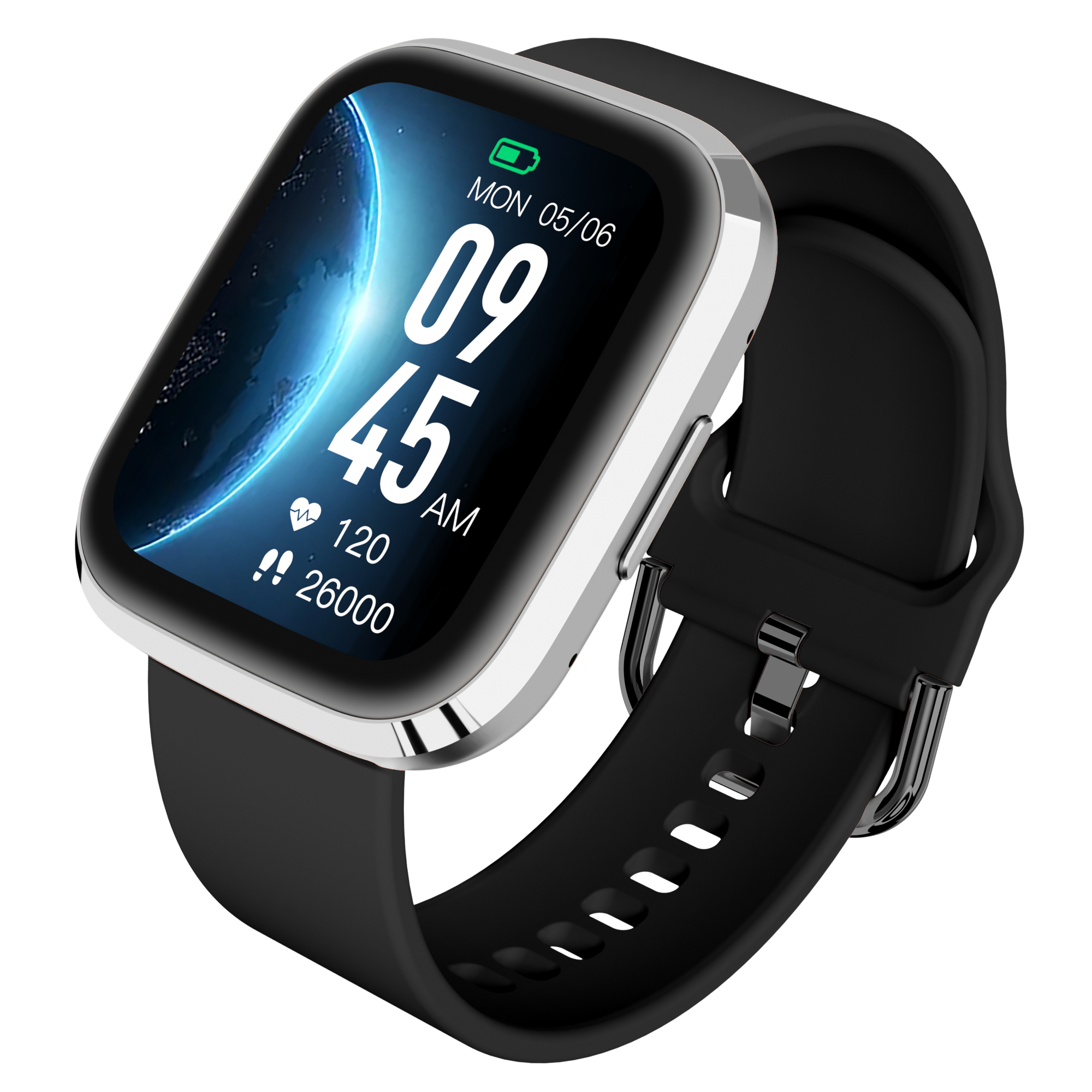 Uno smartwatch con cinturino nero e dettagli argentati che mostra l'ora.