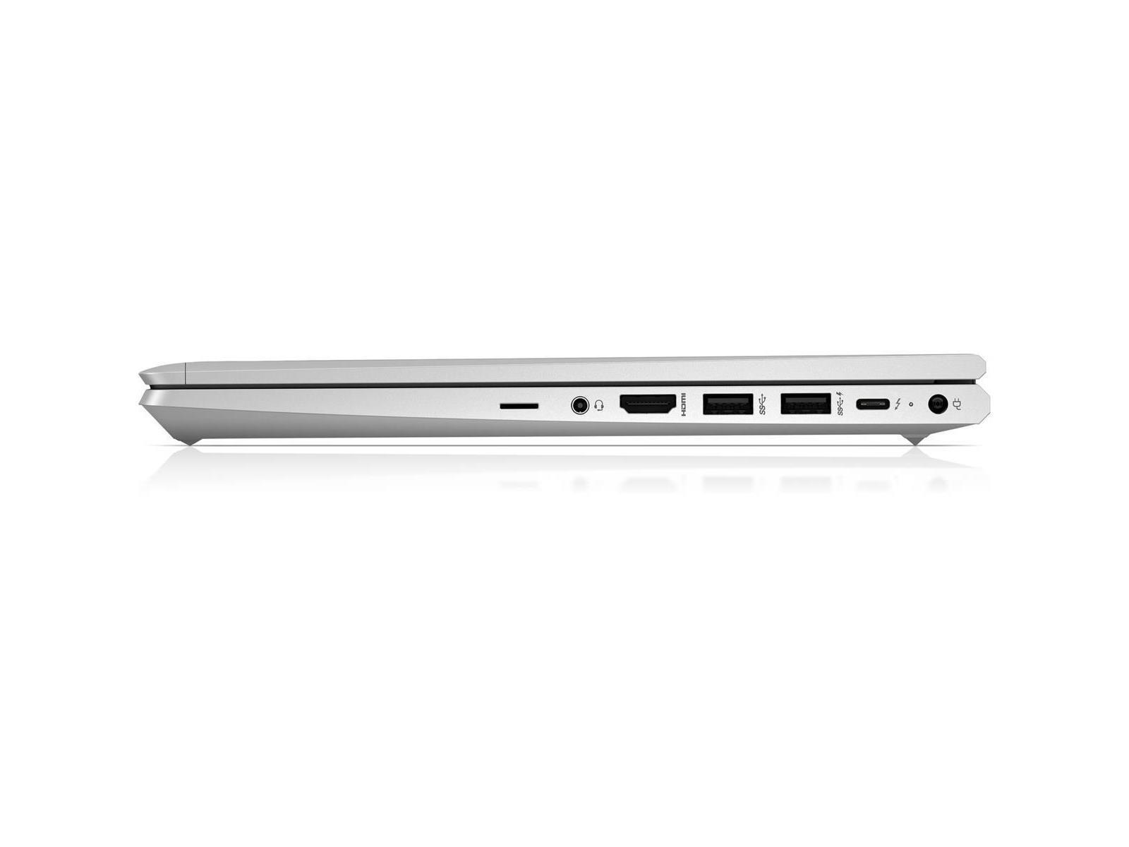 Seitenansicht eines silbernen Laptops mit Anschlüssen, einschließlich USB, HDMI und Kopfhöreranschluss.