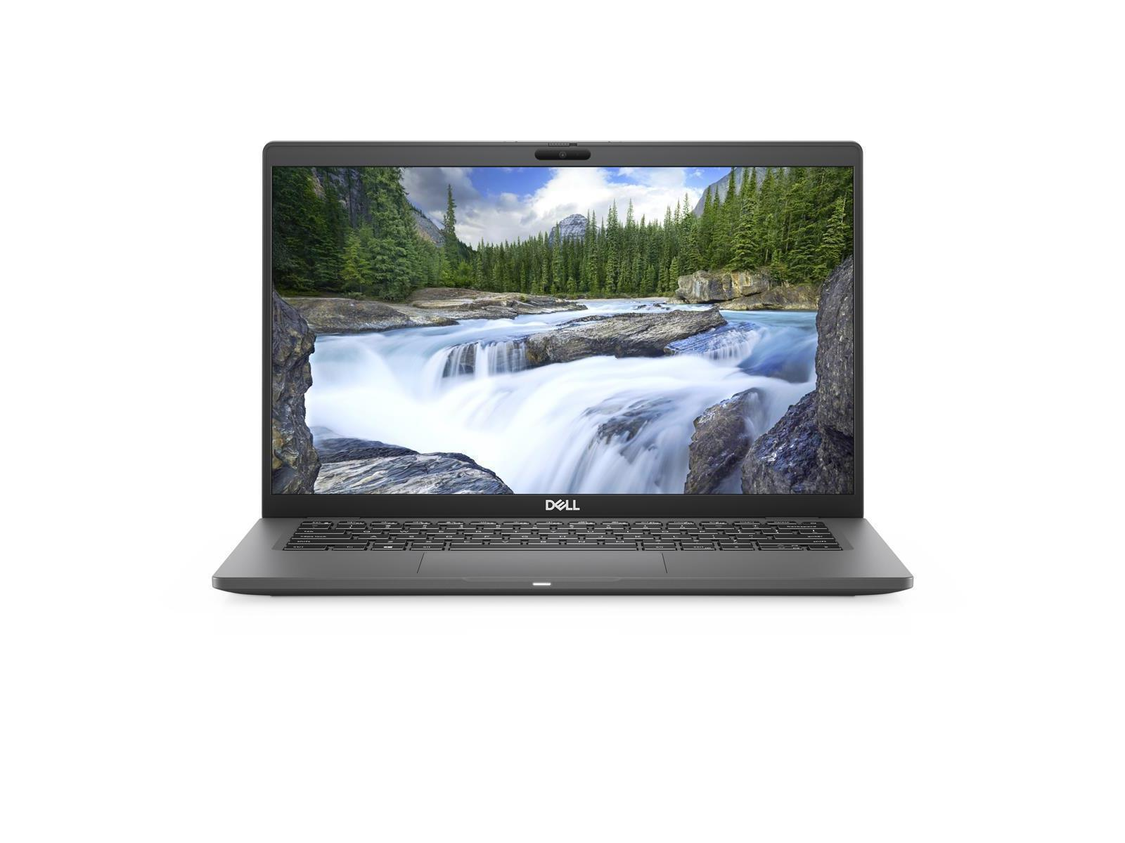 Ein Dell-Laptop mit einem Bildschirm, der eine Wasserfallszene zeigt. Es ist ein dunkelgrauer, moderner Laptop.