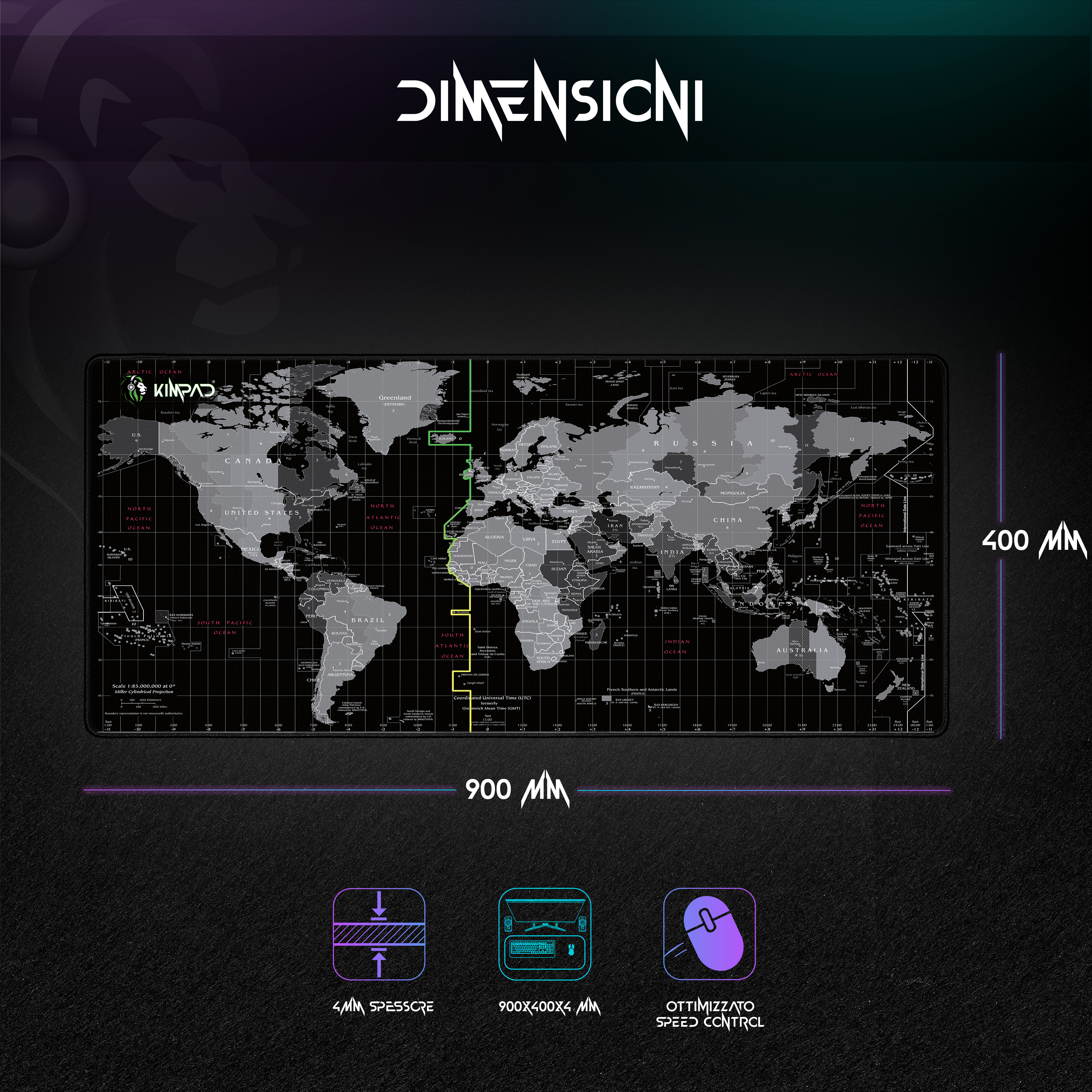 Tappetino per mouse con mappa del mondo. Sfondo nero. Dimensioni: 900x400mm. Testi e linee griglia.