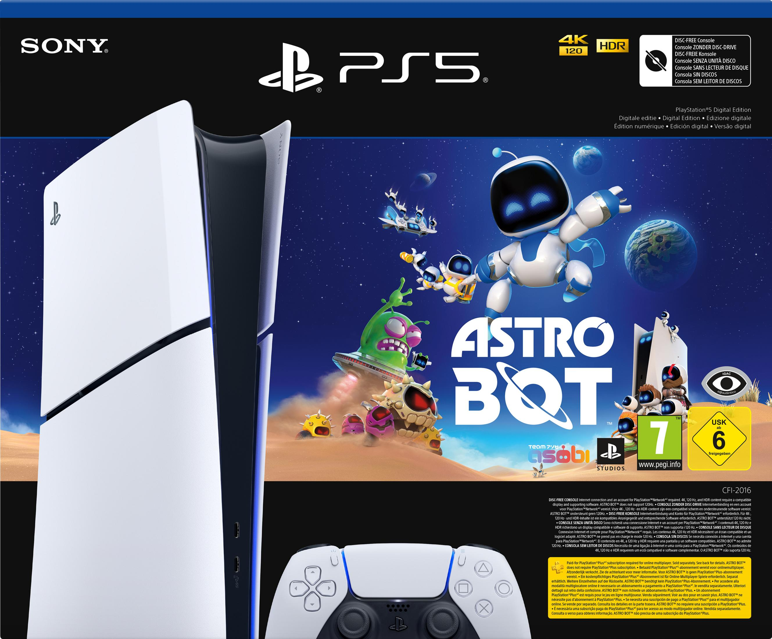 Białe pudełko konsoli PlayStation 5 z grafiką z gry Astro Bot i sama konsola. Poniżej biały kontroler.