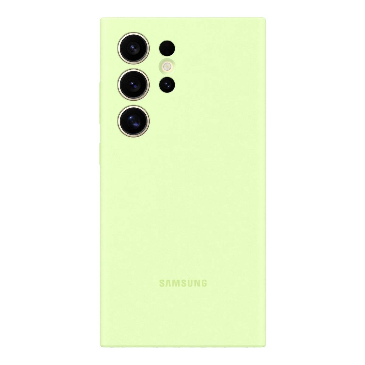 Tył jasnozielonego telefonu z modułem aparatu z trzema obiektywami i lampą błyskową. Logo Samsung znajduje się na dole.
