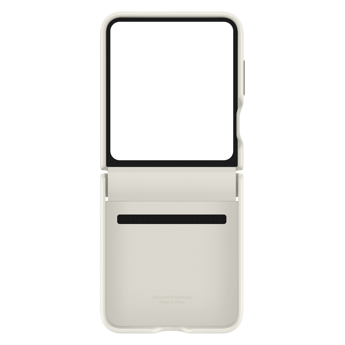 Coque de téléphone beige clair ouverte. Elle a un cadre noir autour de l'écran. Le bas a une petite ouverture. Fond blanc.