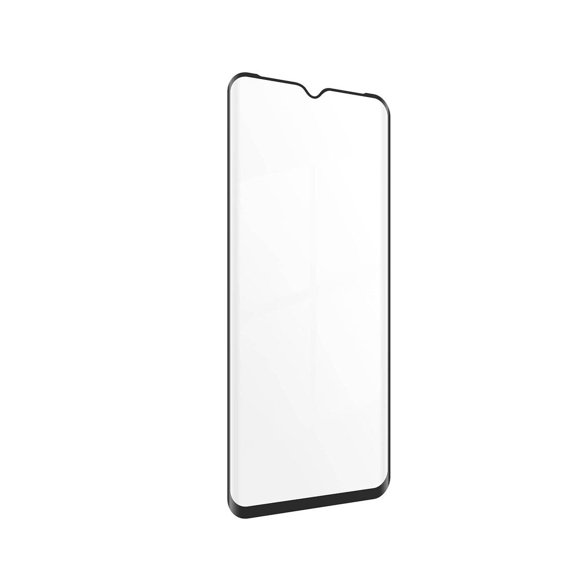 Een schermbeschermer voor smartphones staat schuin tegen een witte achtergrond. Het heeft zwarte randen en een helder, rechthoekig weergavegebied.