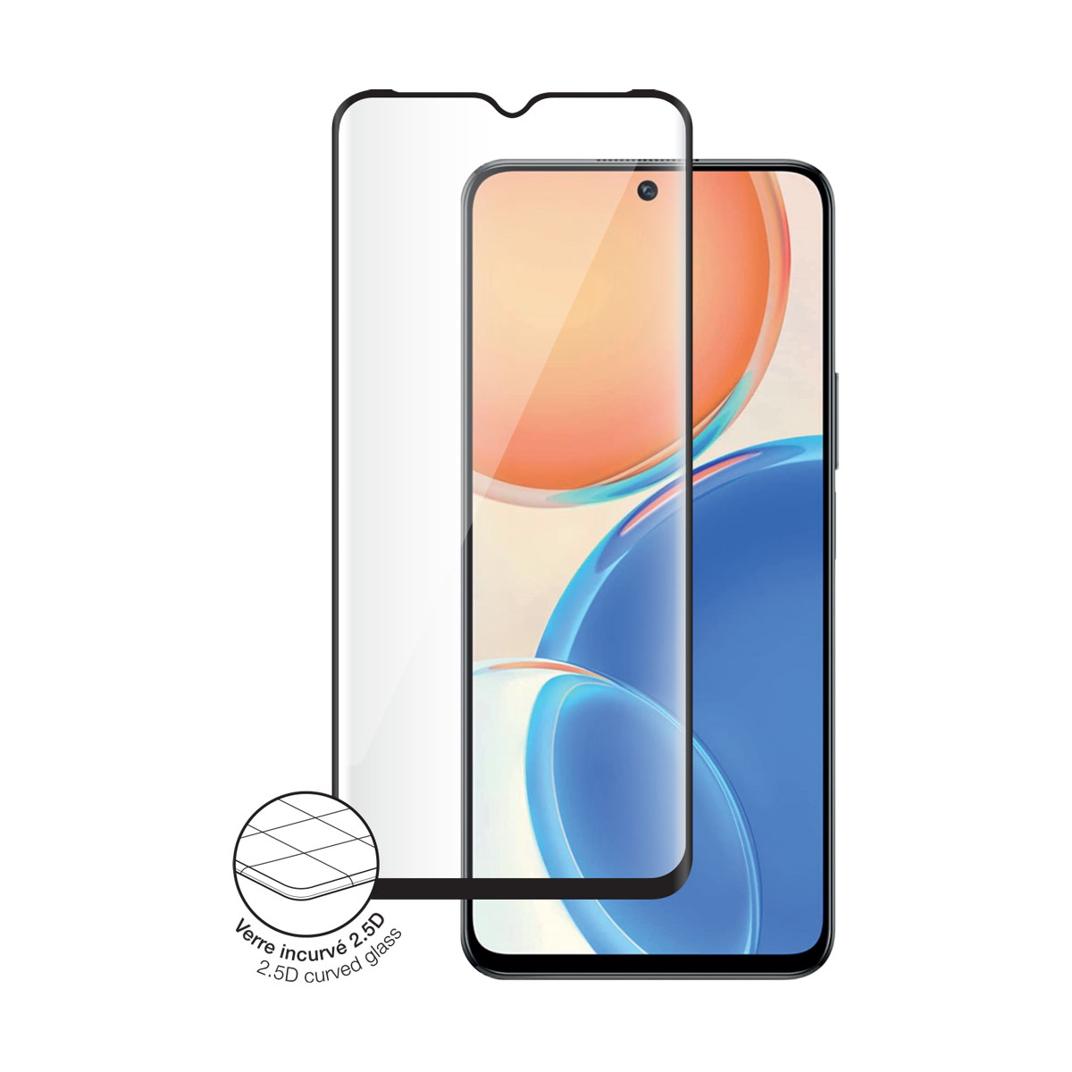 Een telefoon met een schermbeschermer. De schermbeschermer bevindt zich boven de telefoon. De telefoon heeft een zwart frame met afgeronde hoeken. Witte achtergrond.