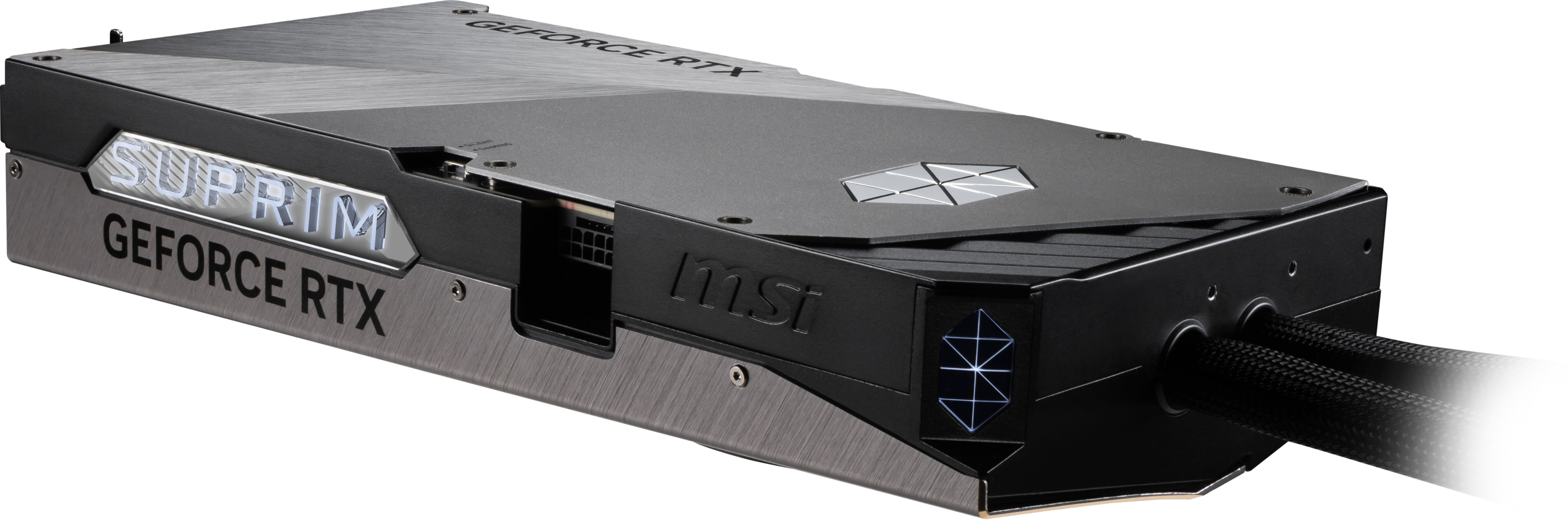 Scheda grafica MSI GeForce RTX. Design nero e grigio. Testo 'SUPRIM' visibile.