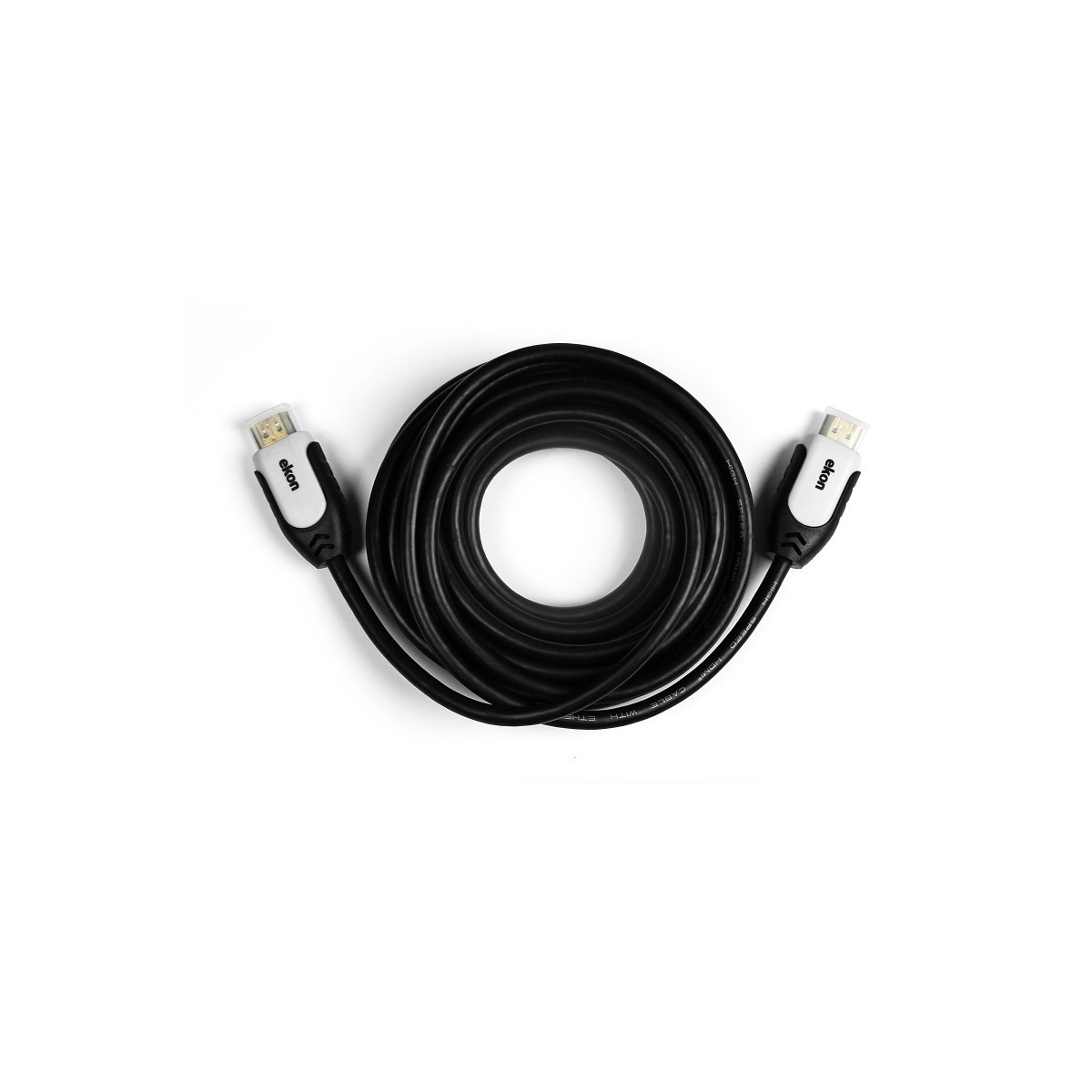 Schwarzes HDMI-Kabel, Marke ekon. Zwei HDMI-Anschlüsse. Weißer Hintergrund.