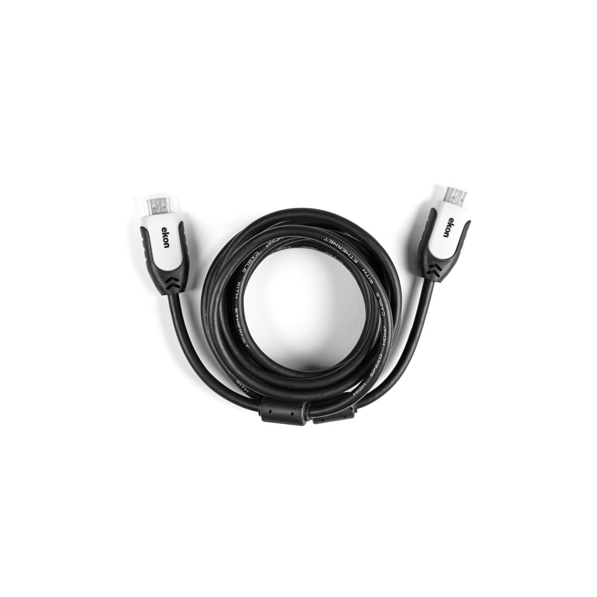 Schwarzes HDMI-Kabel, Marke ekon. Zwei HDMI-Anschlüsse. Weißer Hintergrund.