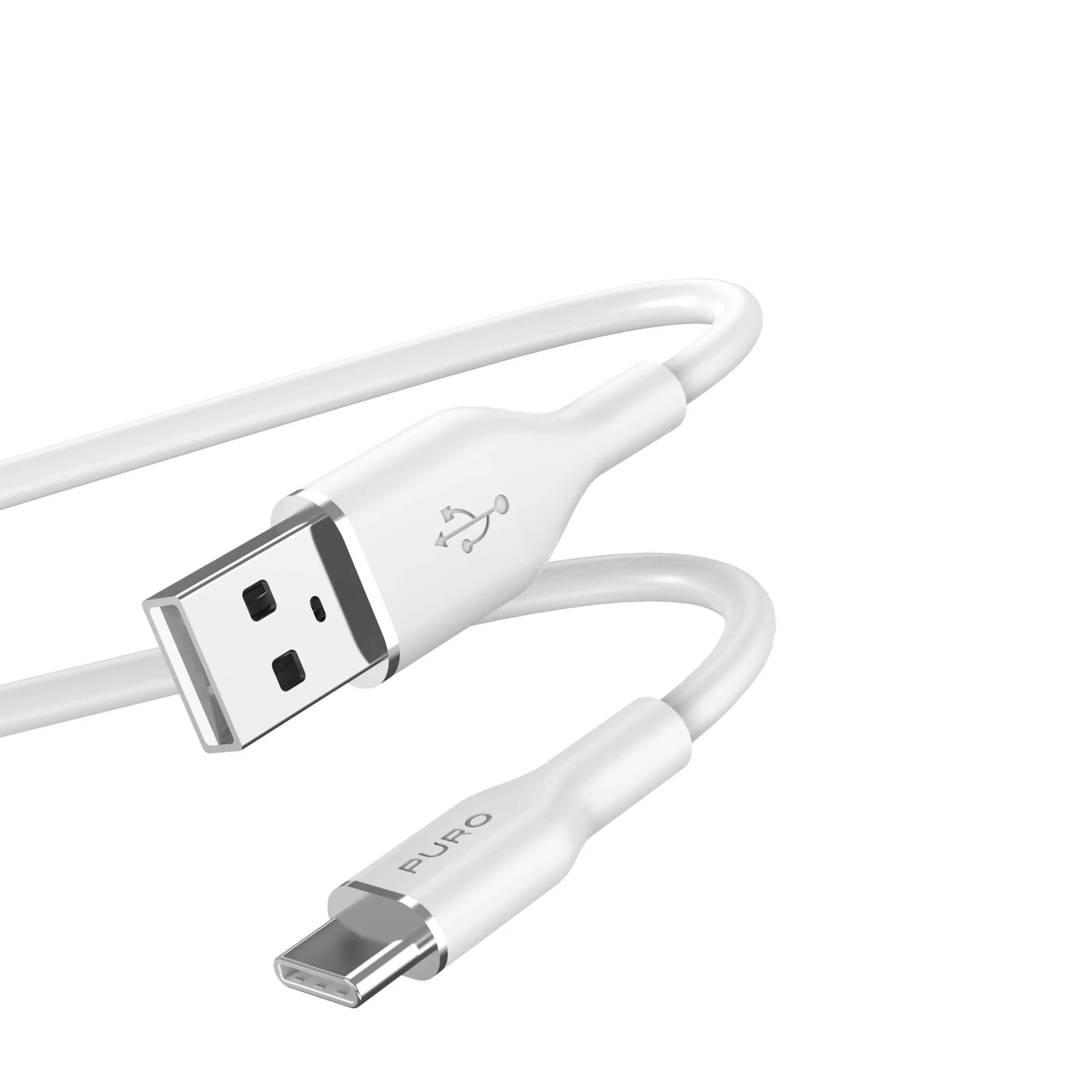 Biały kabel USB do USB-C, marka PURO. Złącza USB-A i USB-C. Białe tło.