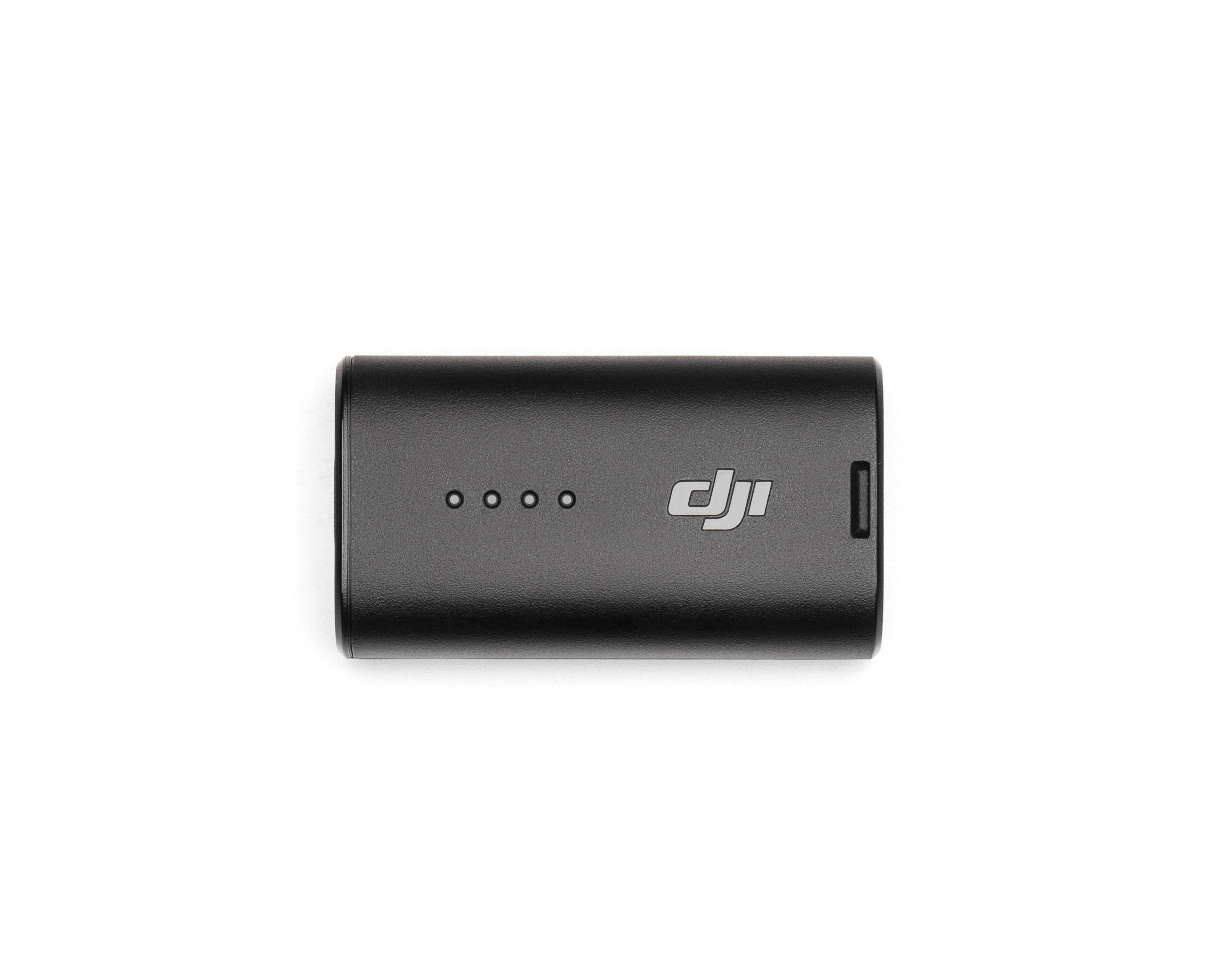 Schwarzer DJI-Drohnenakku. Schwarze rechteckige Form mit silbernem DJI-Logo. Weißer Hintergrund.