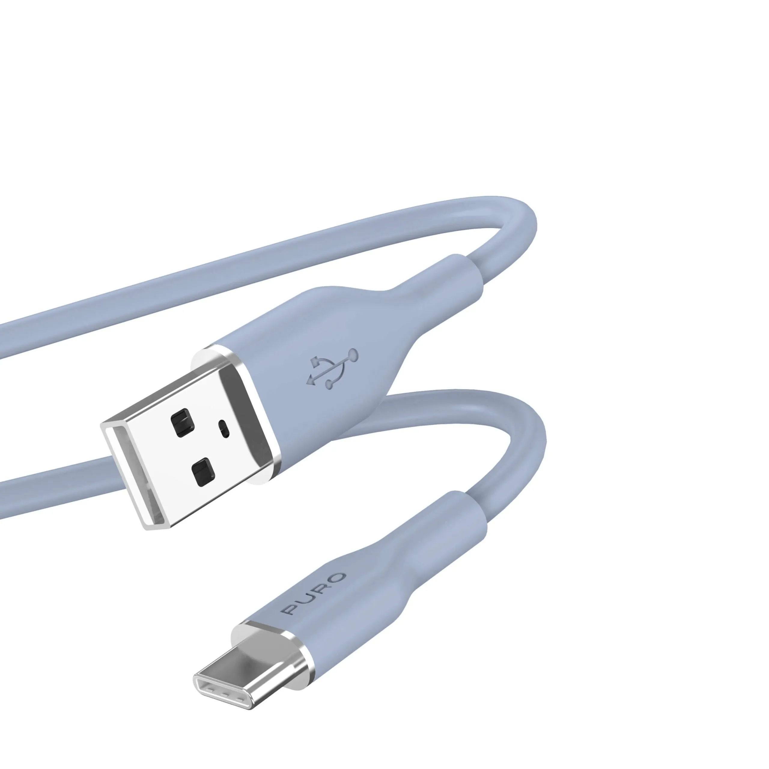 Blue USB-A to USB-C cable with curved USB-A end, on white background.