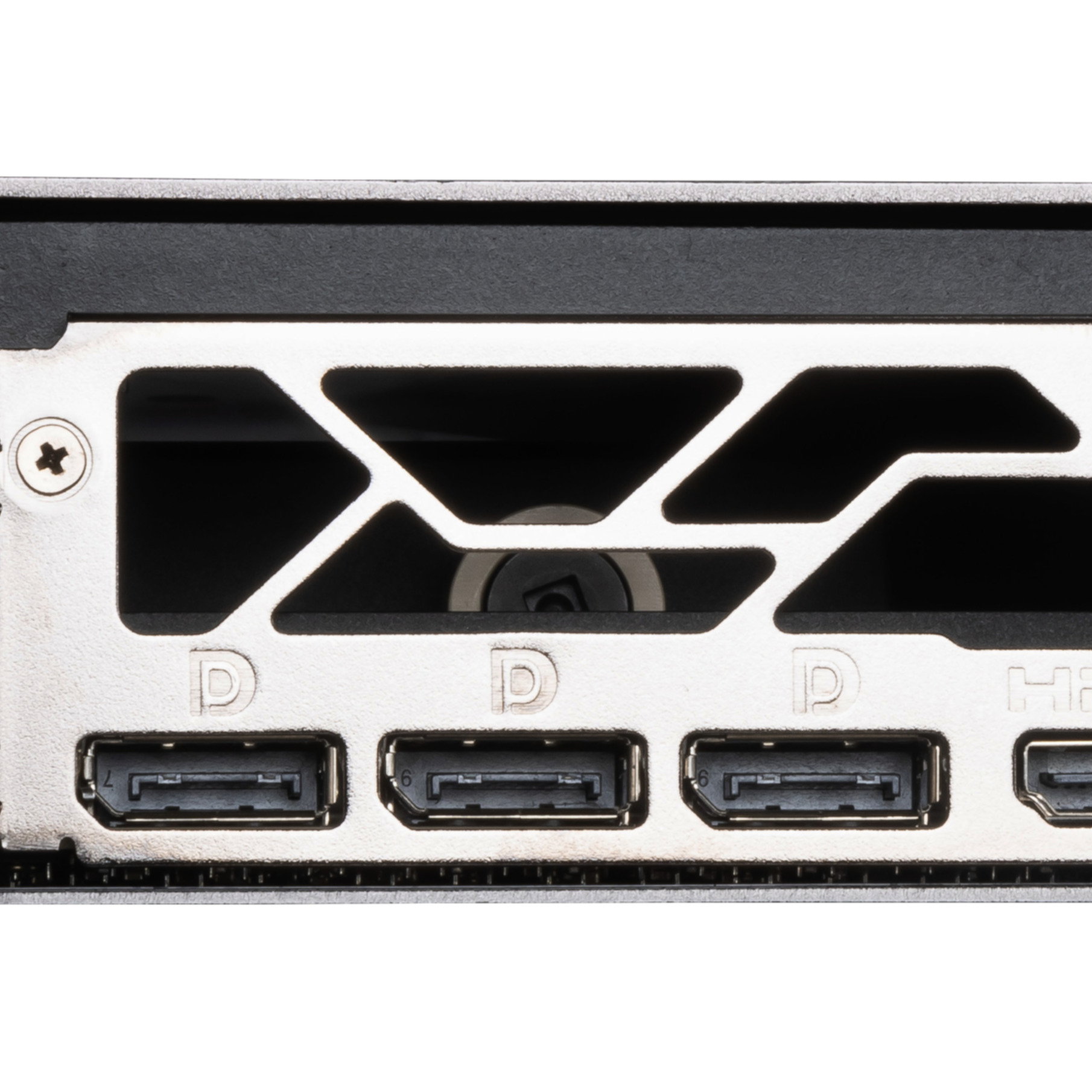 Primo piano di una scheda grafica che mostra le porte: DisplayPort e HDMI, con pannello in metallo.
