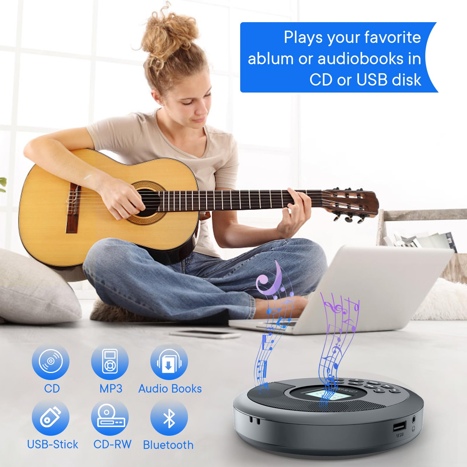Frau spielt Gitarre neben Laptop und CD-Player. Symbole zeigen Funktionen: CD, MP3, Hörbücher, USB, CD-RW, Bluetooth.