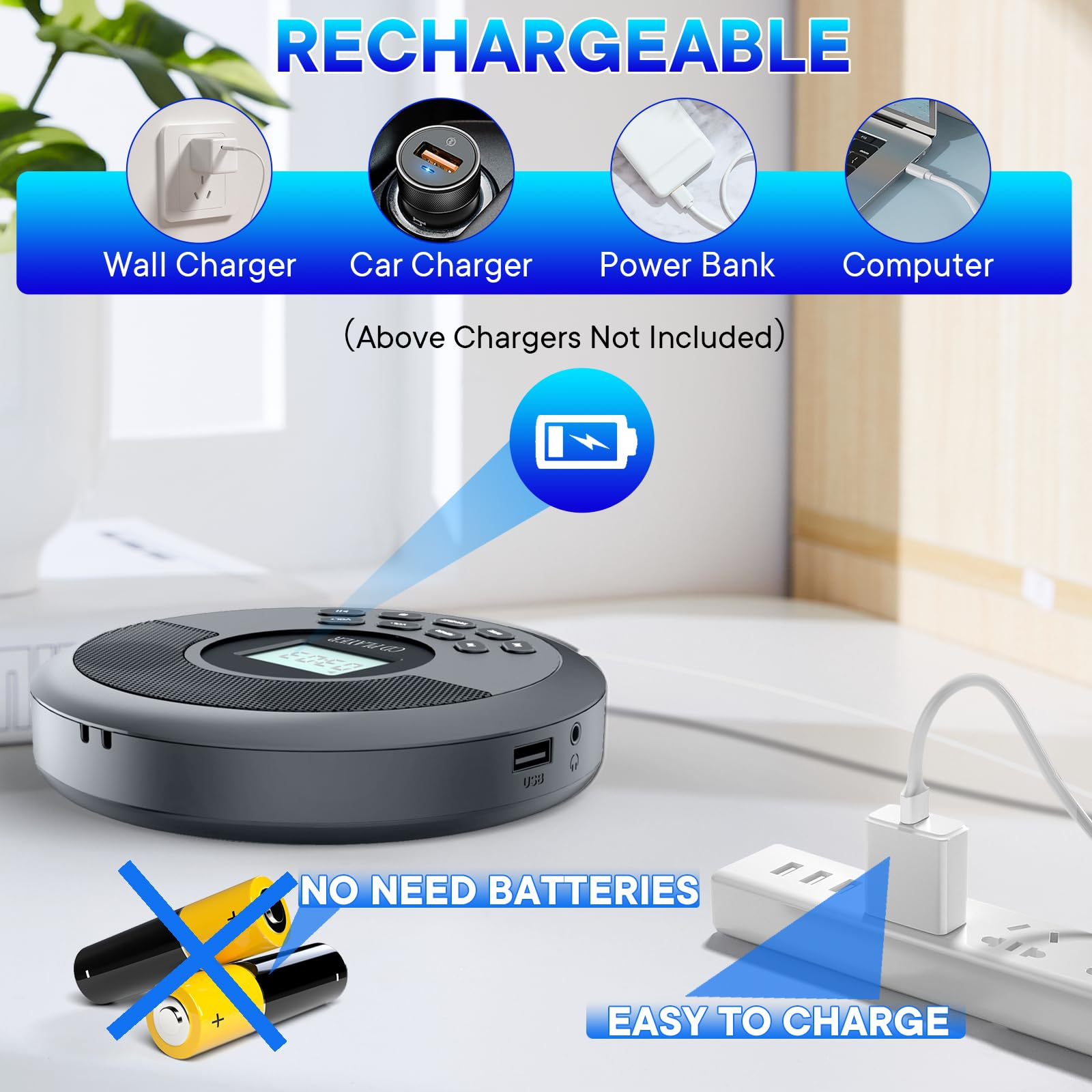 CD-Player laden von verschiedenen Quellen: Wandladegerät, Autoladegerät, Powerbank, Computer. Keine Batterien erforderlich, einfach zu laden.