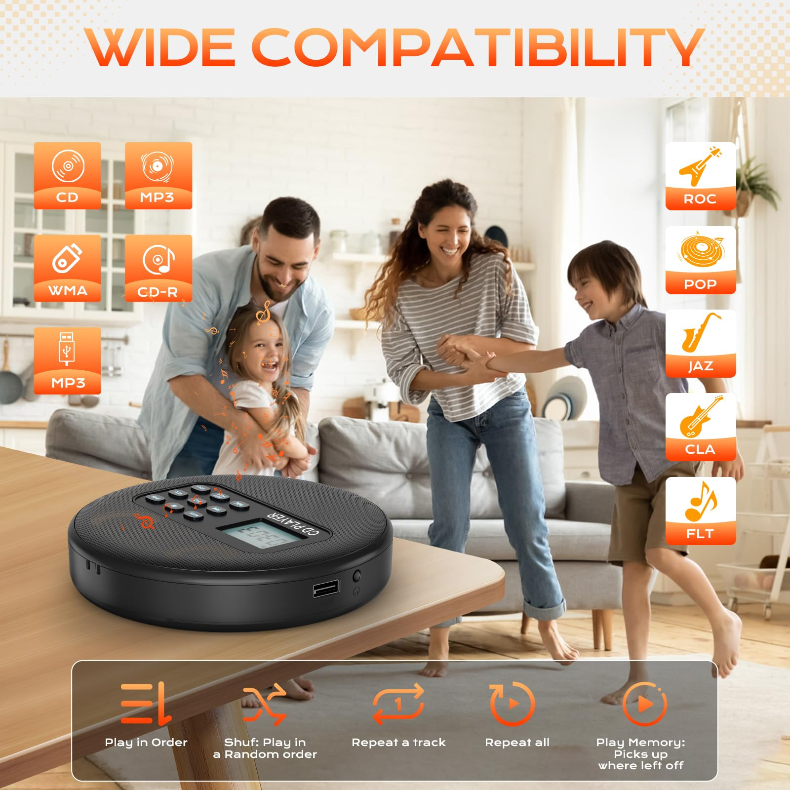 Ein CD-Player auf einem Tisch, mit einer Familie im Hintergrund. Text sagt 'Breite Kompatibilität' mit Musikformaten.