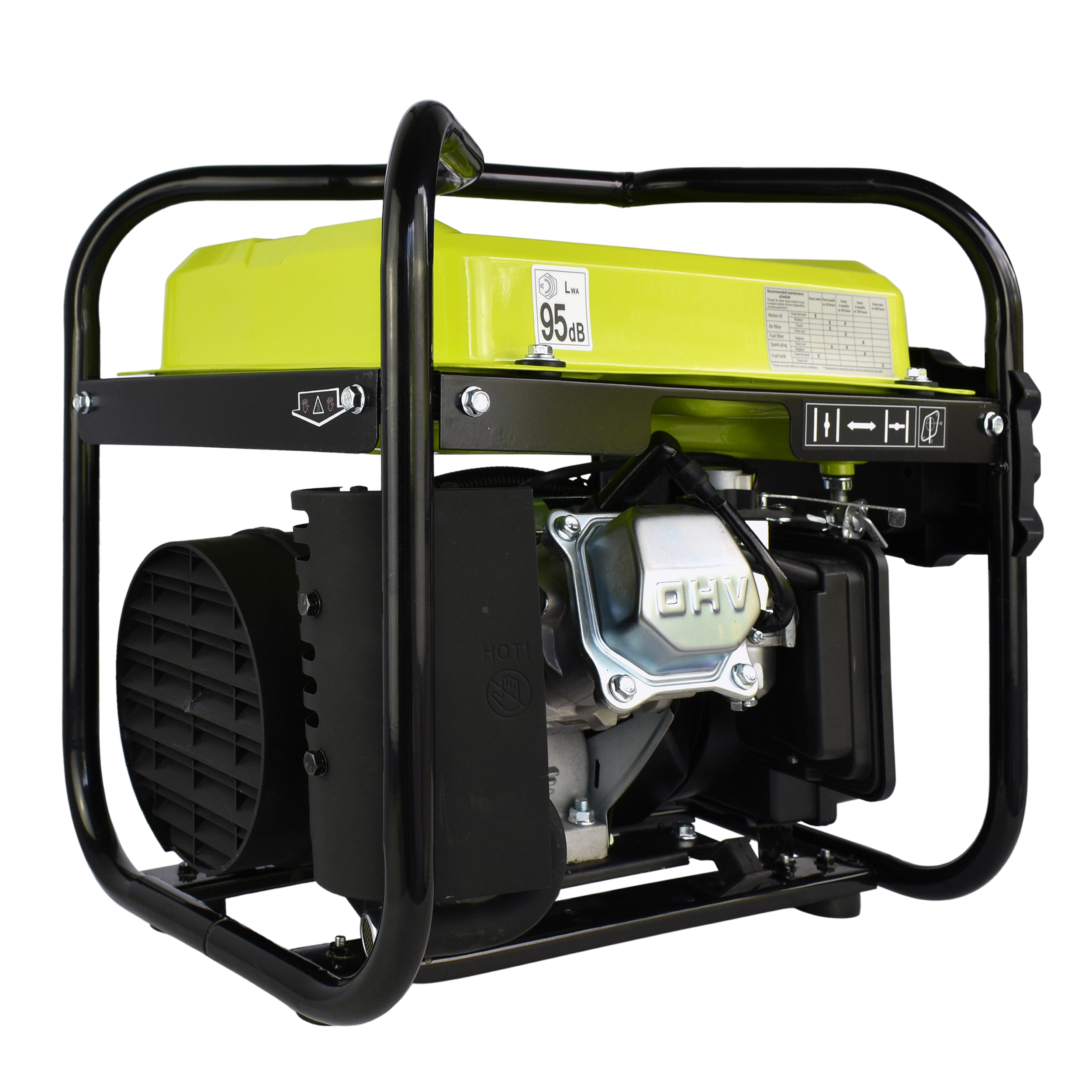 A lime green and black generator with a black frame, showing the engine and fan.