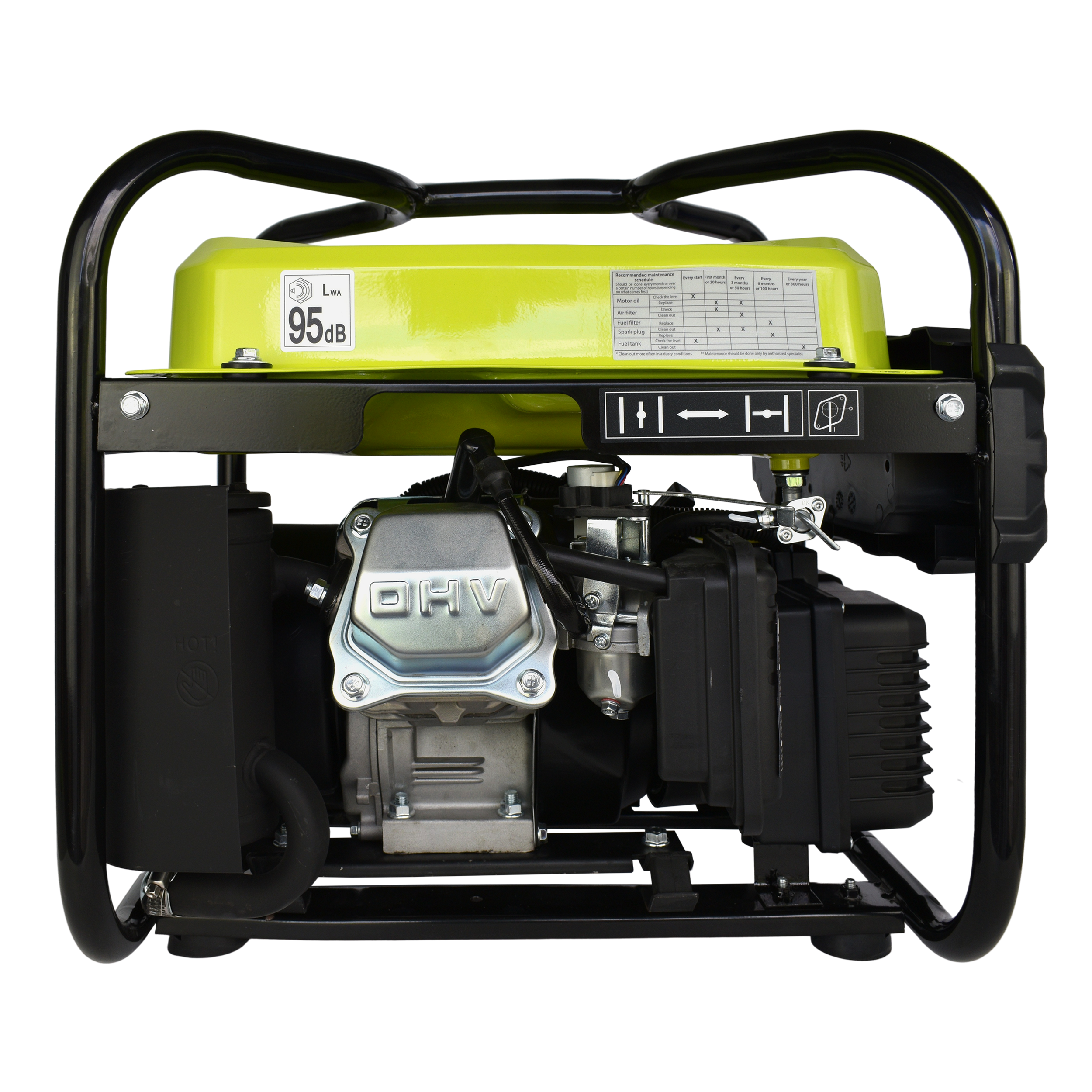 A lime green and black generator with a black frame, showing the engine and controls.