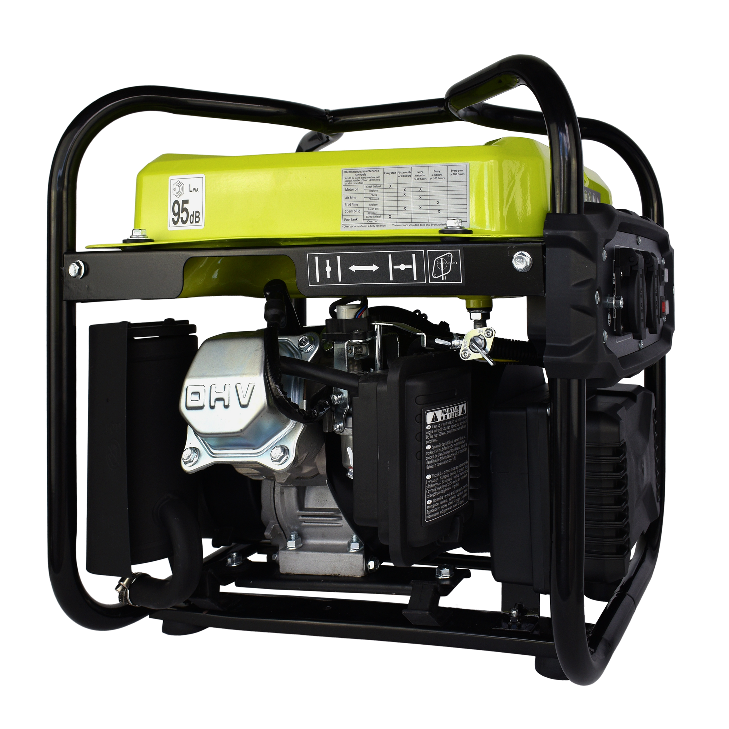 A lime green and black generator with a black frame, showing the engine and controls.