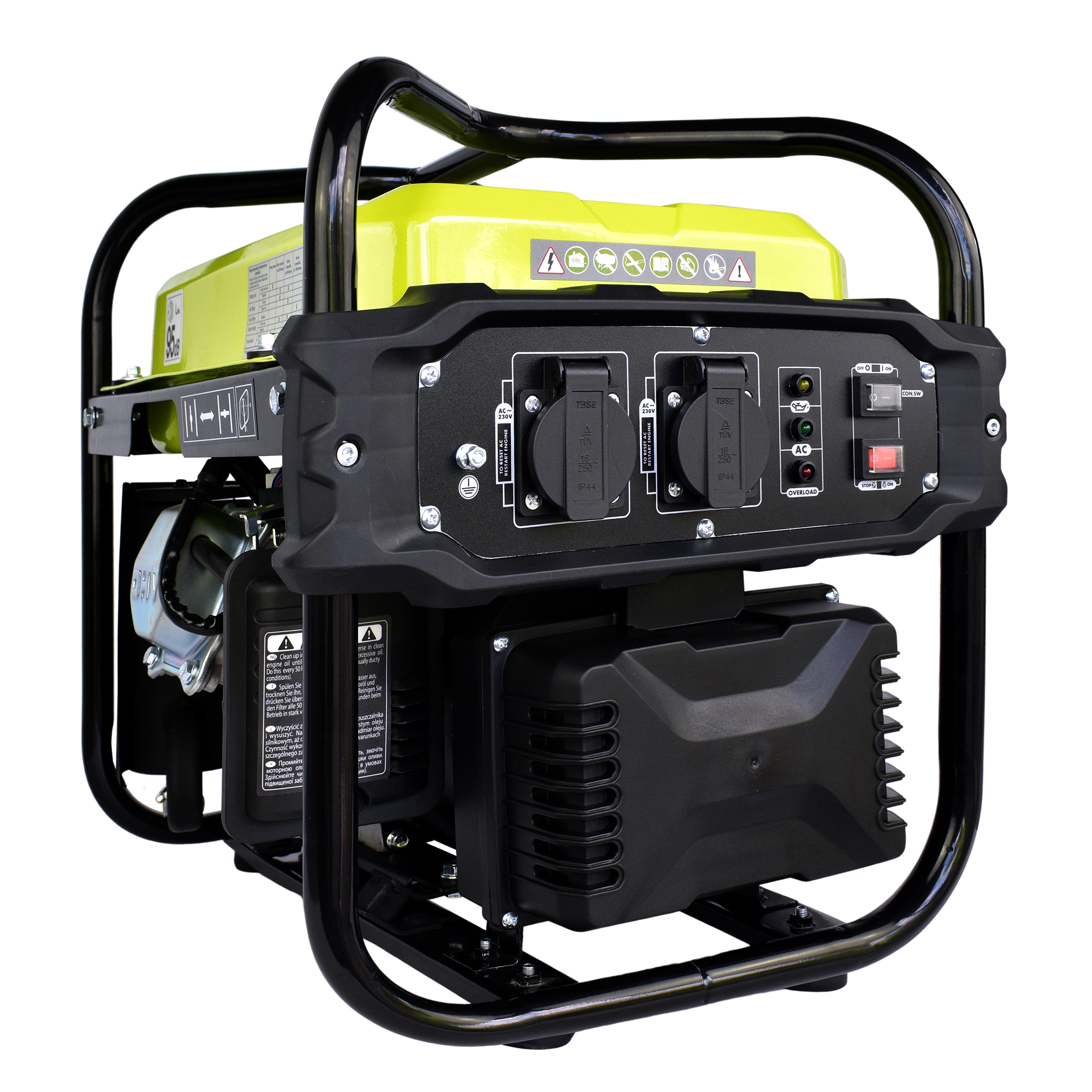 A lime green and black generator with a black frame, showing outlets and controls.