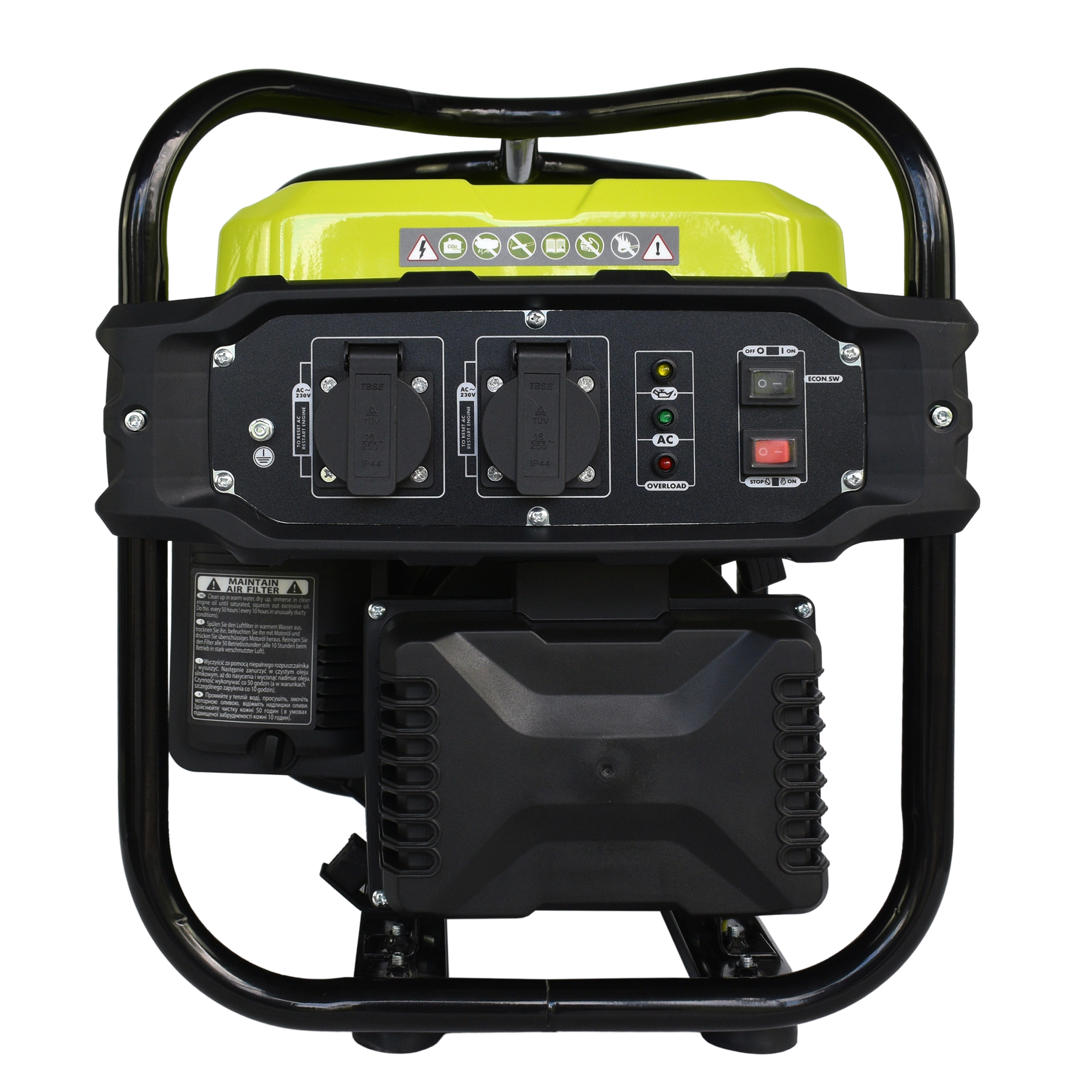 A black and lime green generator with black frame, showing outlets, controls, and warning labels.