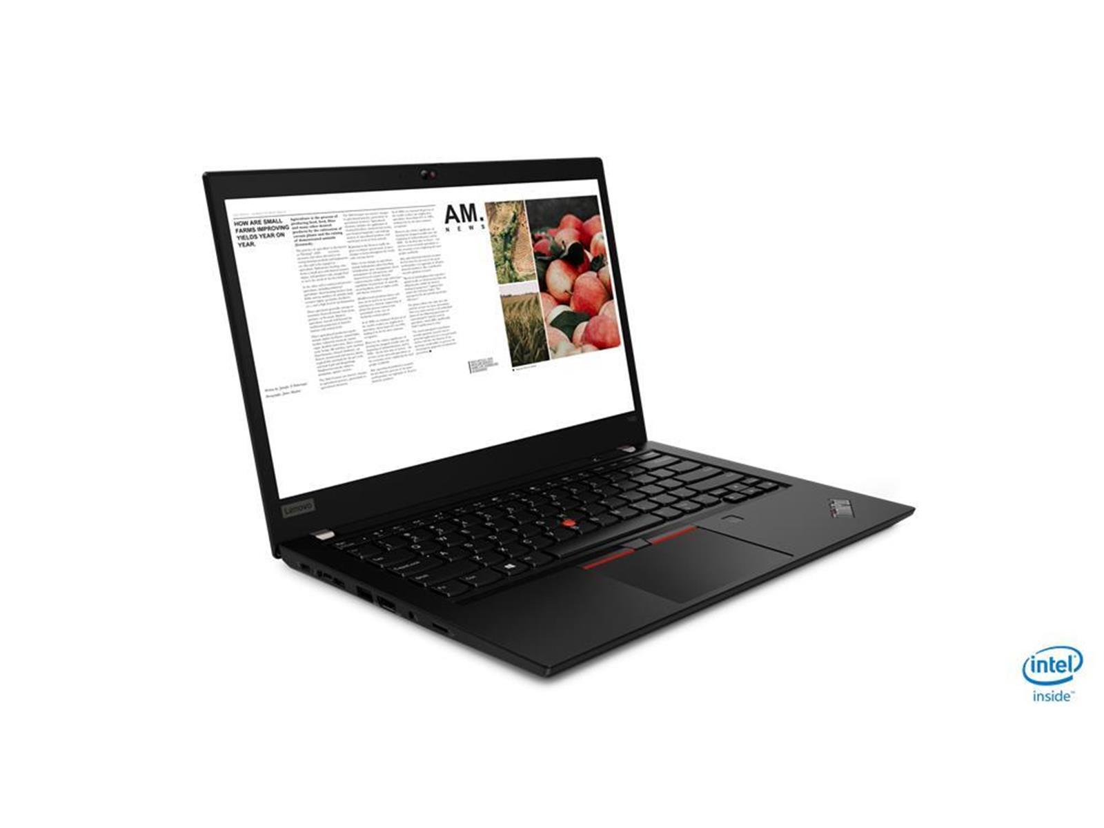 Schwarzer Lenovo-Laptop geöffnet, zeigt einen Zeitungsartikel. Intel-Logo rechts. Weißer Hintergrund.