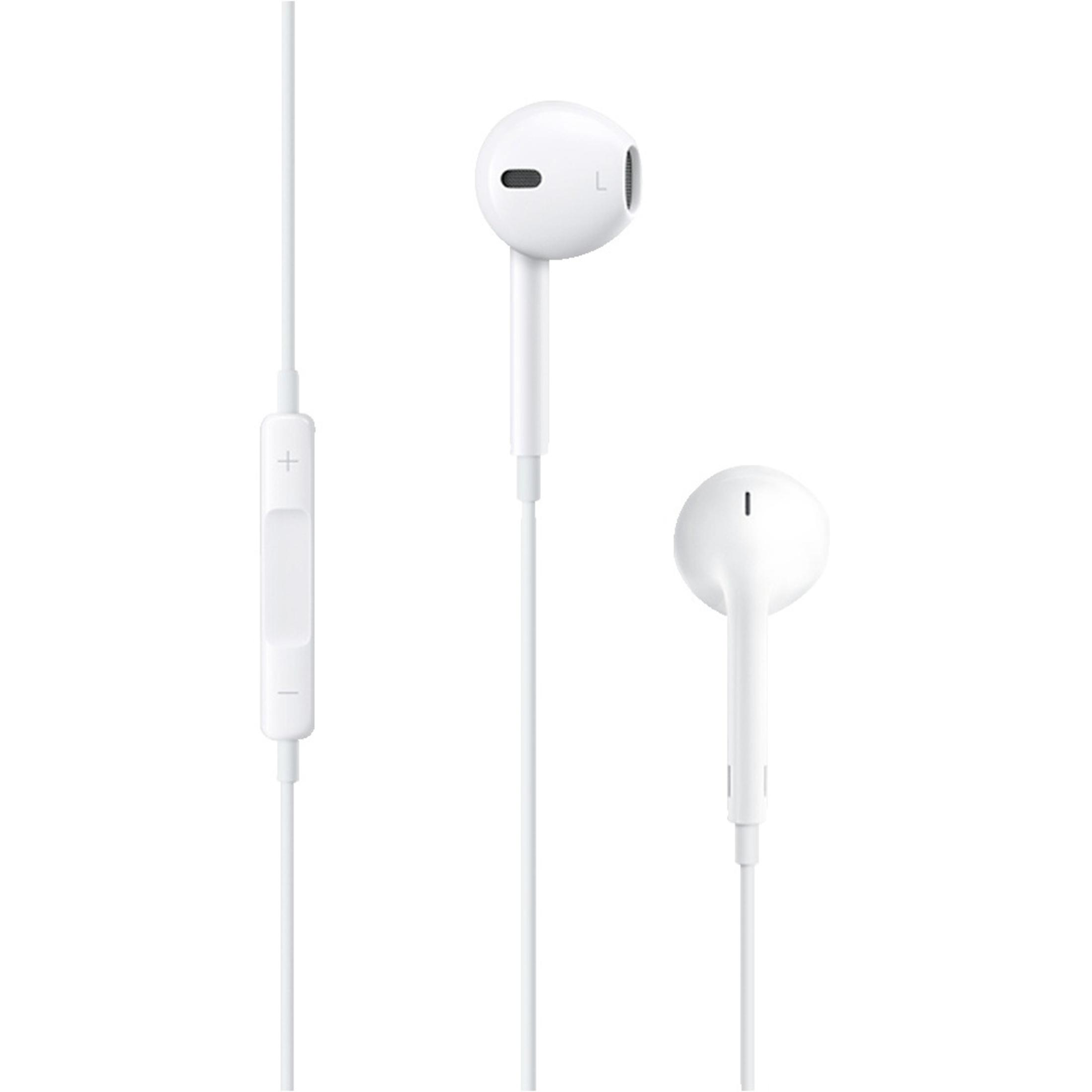 Auricolari bianchi Apple con telecomando in linea. Gli auricolari sono bianchi, con telecomando e cavo. Isolati su sfondo bianco.