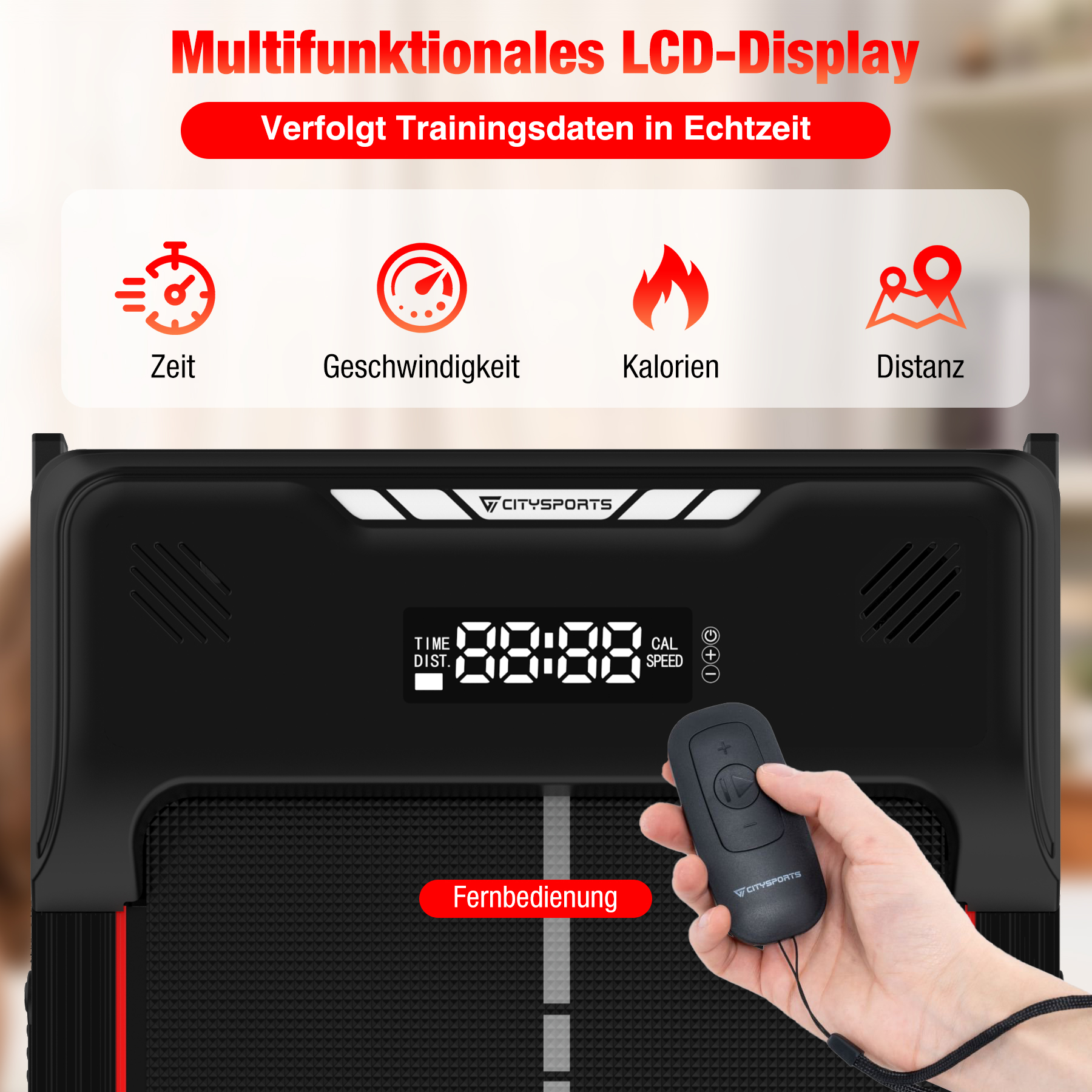 Schwarzes Laufband-Display zeigt Zeit, Distanz, Kalorien und Geschwindigkeit an. Eine Hand hält eine Fernbedienung.