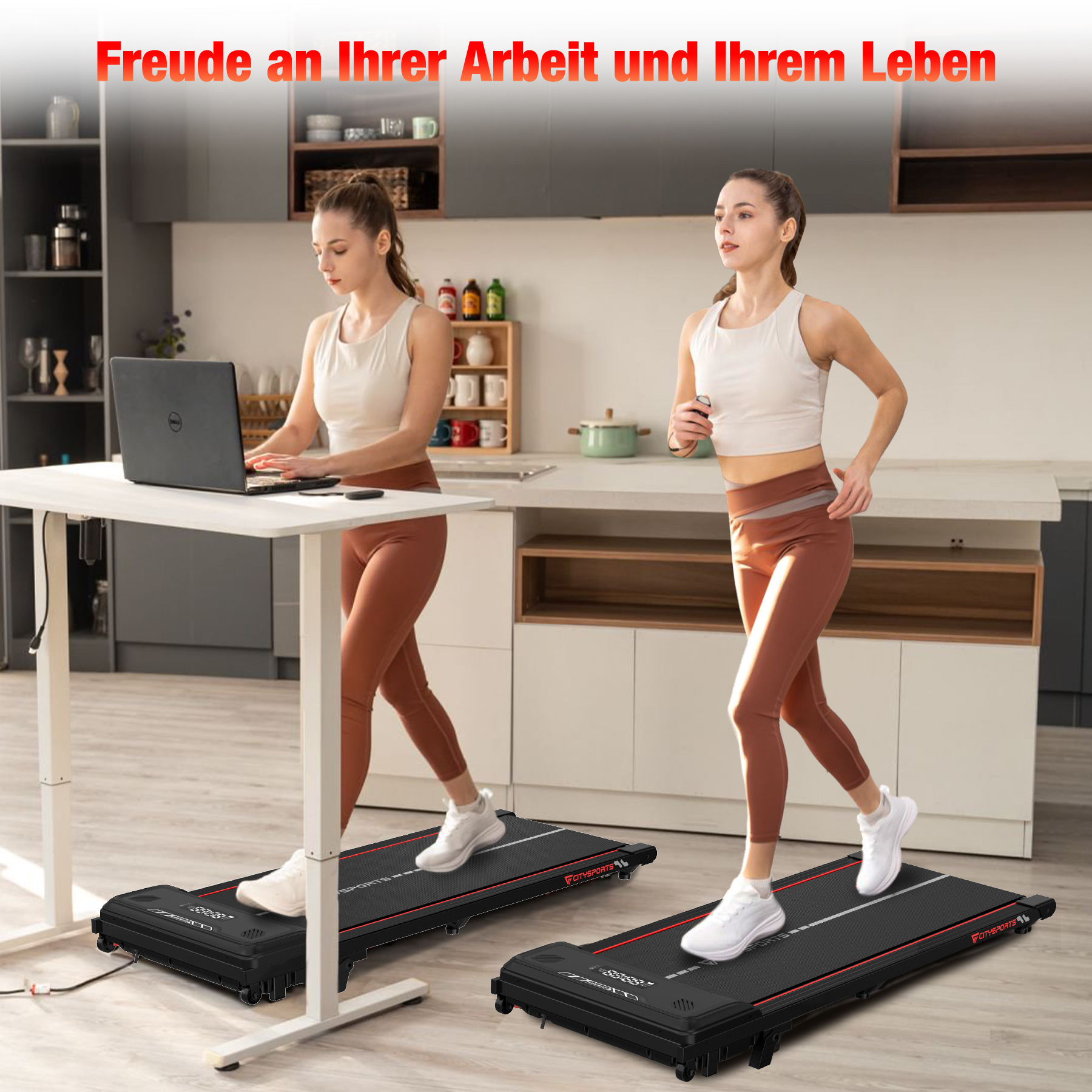 Zwei Frauen auf Laufbändern, eine arbeitet am Laptop, die andere rennt. Küche mit Schränken im Hintergrund.