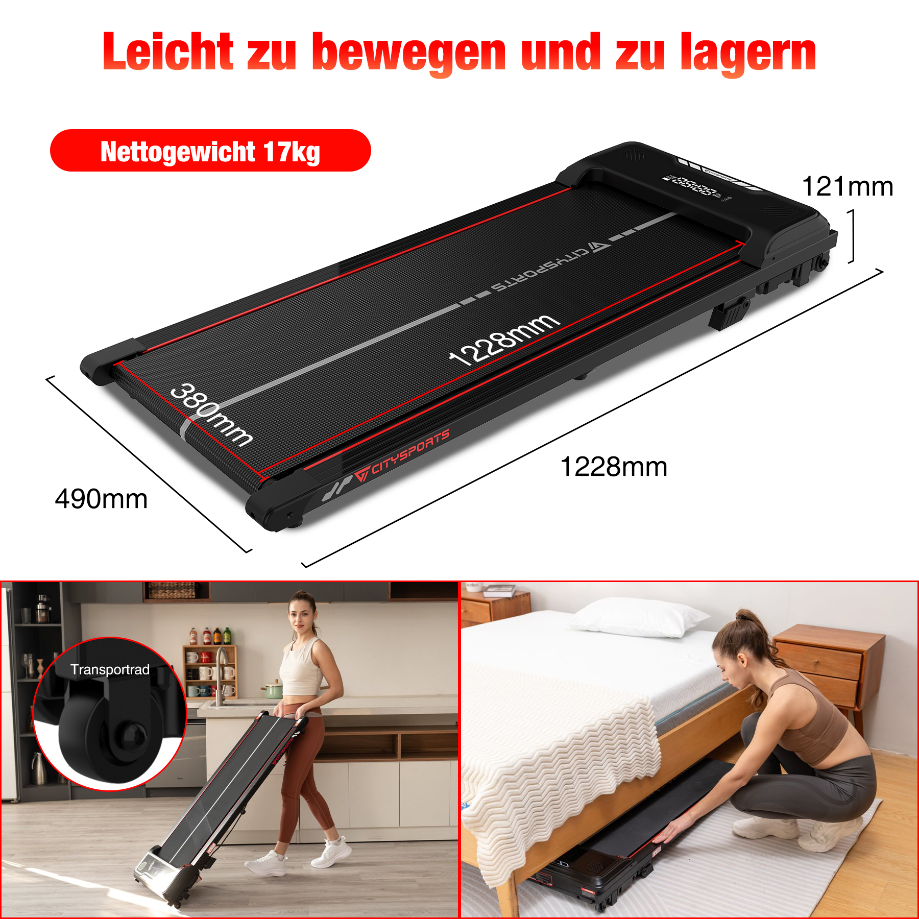 Schwarzes Laufband mit Maßen. Frau bewegt Laufband mit Transporträdern. Frau verstaut Laufband unter Bett.