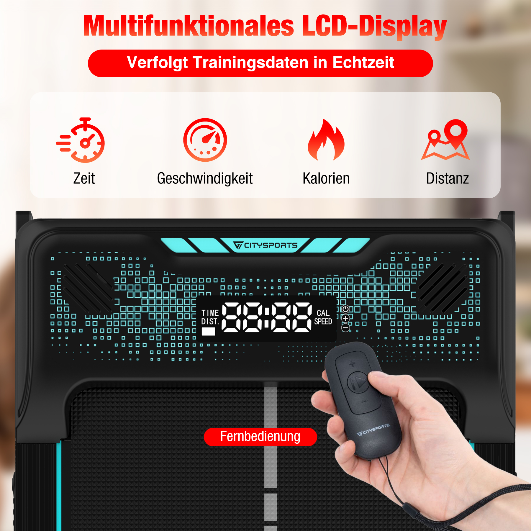 Nahaufnahme eines Laufband-Displays und einer Fernbedienung. Anzeigen: Zeit, Geschwindigkeit, Kalorien, Distanz. Fernbedienung in der Hand.