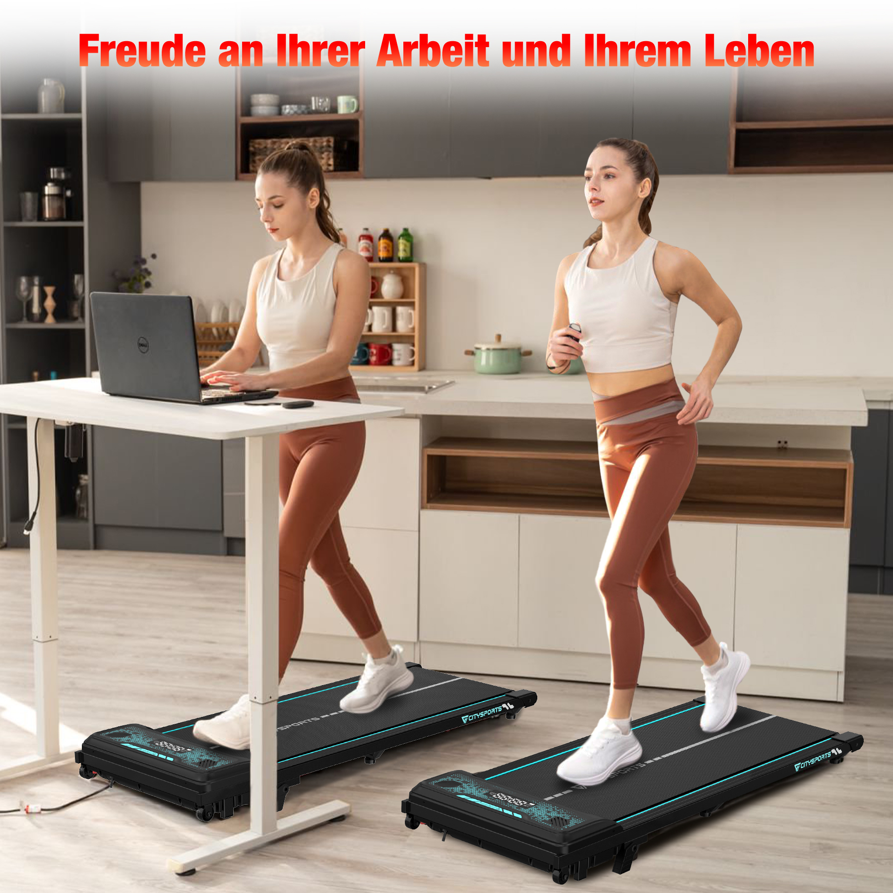 Zwei Frauen benutzen Laufbänder in einer Küche. Eine arbeitet am Laptop, die andere läuft auf dem Laufband.