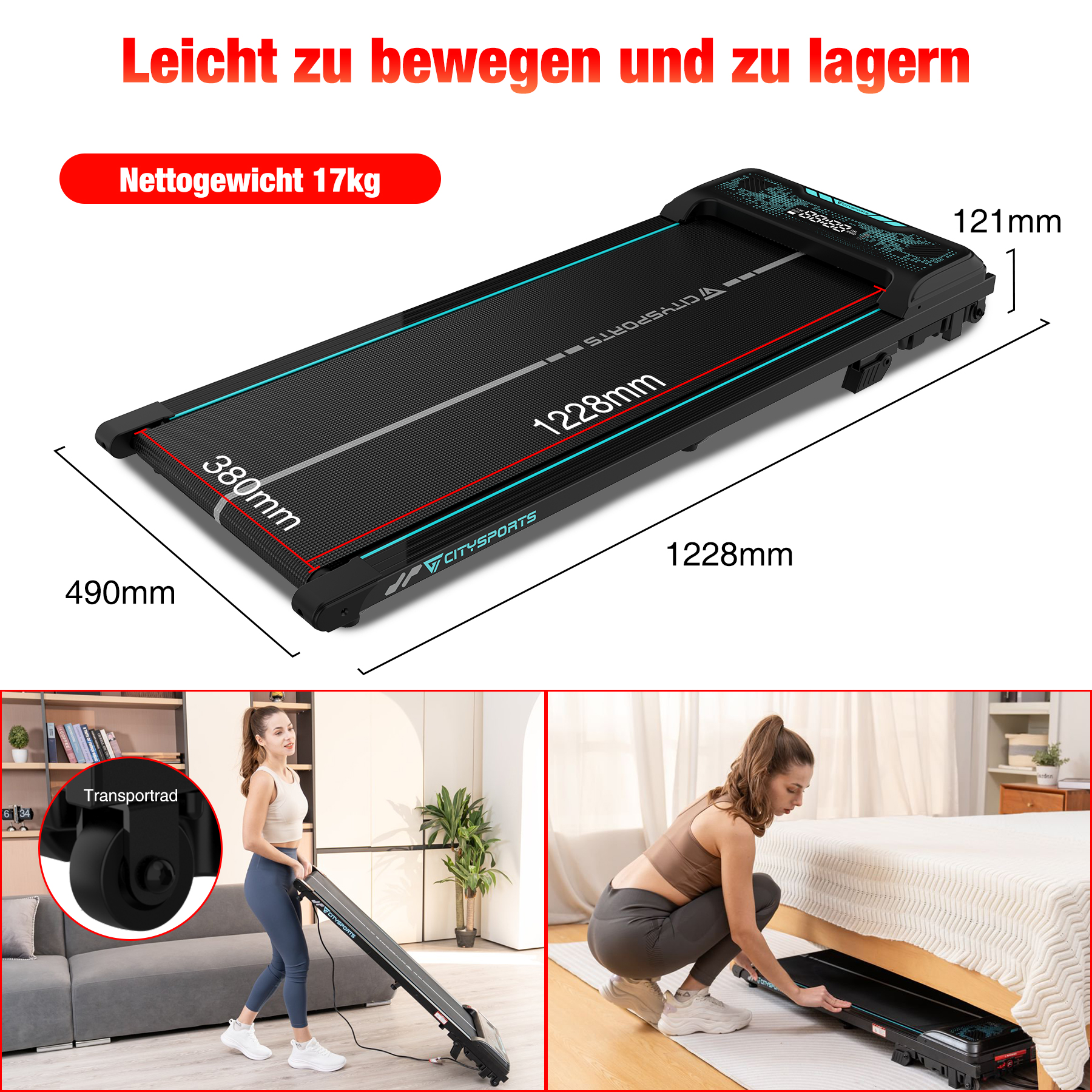 Laufband-Abmessungen, Frau trägt es und verstaut es unter dem Bett. Nettogewicht 17 kg. Abmessungen: 1228x490x121mm.