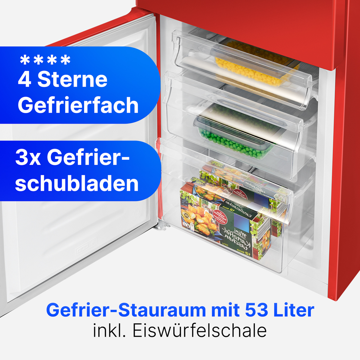 Primer plano de un congelador de refrigerador rojo con etiquetas de texto sobre almacenamiento y capacidad.