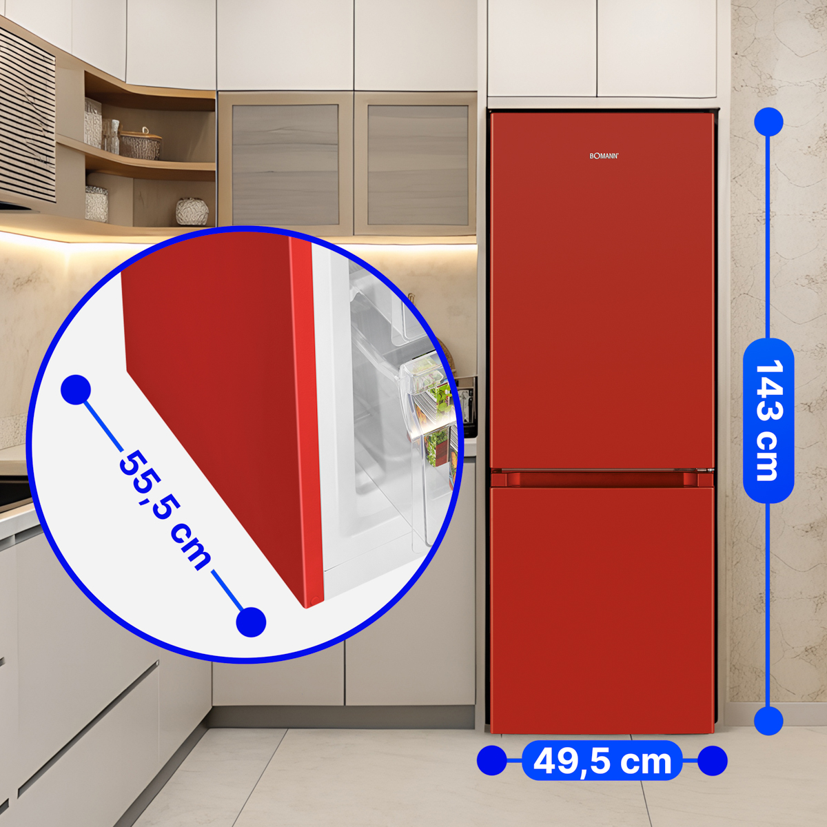 Refrigerador rojo en un entorno de cocina con dimensiones etiquetadas en centímetros.